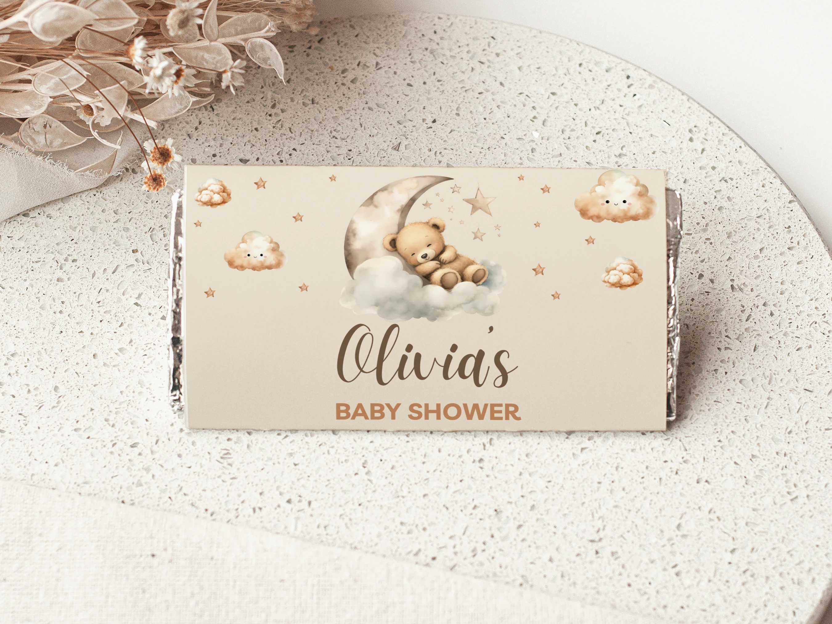 sleeping teddy bear baby shower chocolate wrapper, over the moon candy bar label printable, moon and stars baby shower chocolate wrapper, gold beige baby shower candy label, editable chocolate wrapper Canva