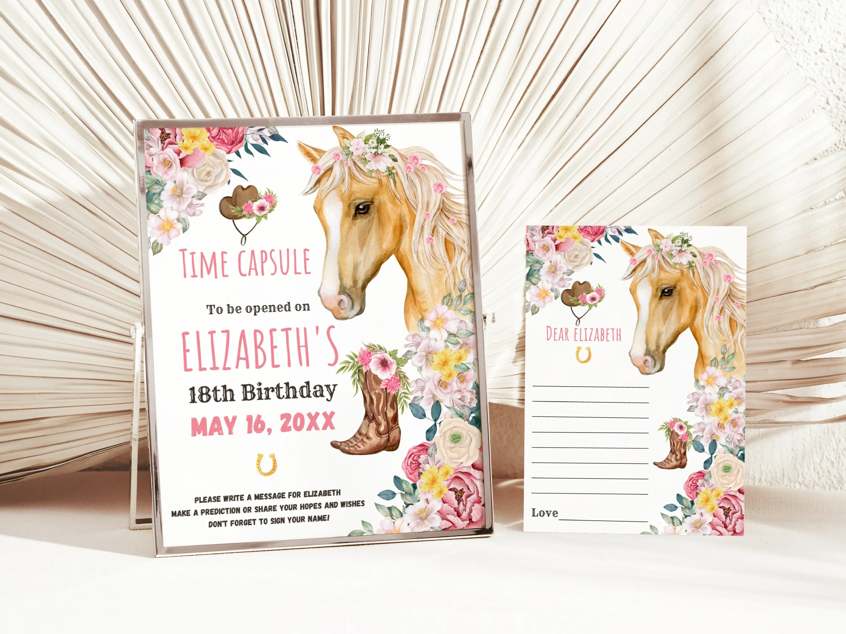 Horse birthday time capsule sign and wishes card with rodeo theme, editable Canva guest book template, digital download.