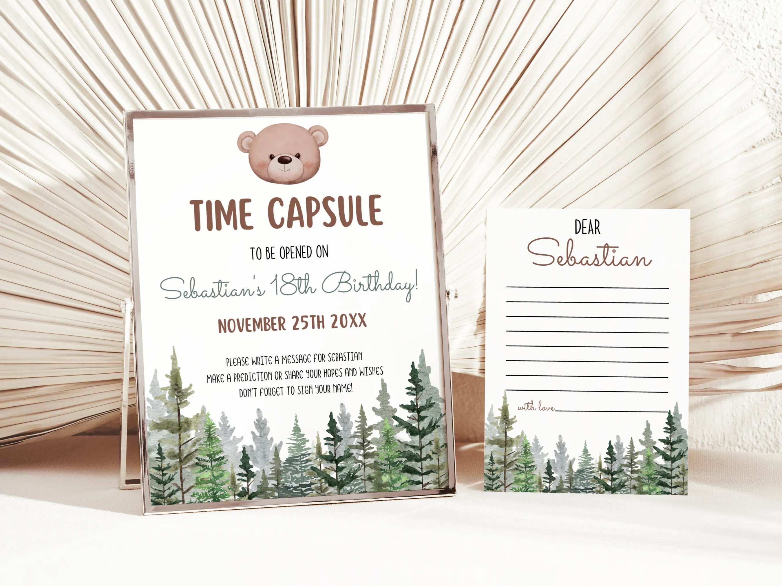 Woodland Bear 1st birthday time capsule sign and wishes card with brown bear theme, editable Canva birthday guest book, digital download.