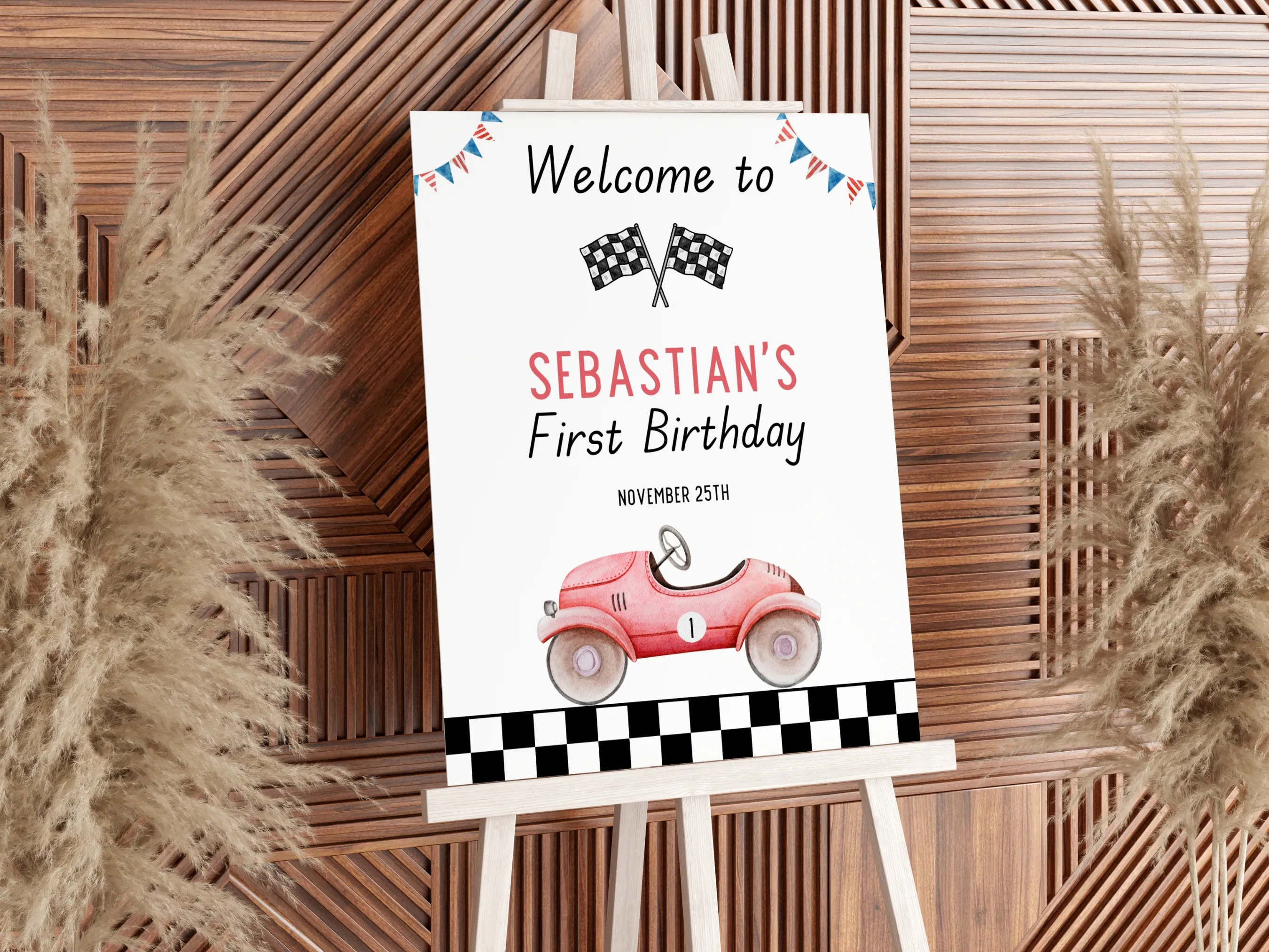 Fast One birthday welcome sign with red vintage race car theme, editable Canva welcome board for a 1st birthday racing party, digital download.
