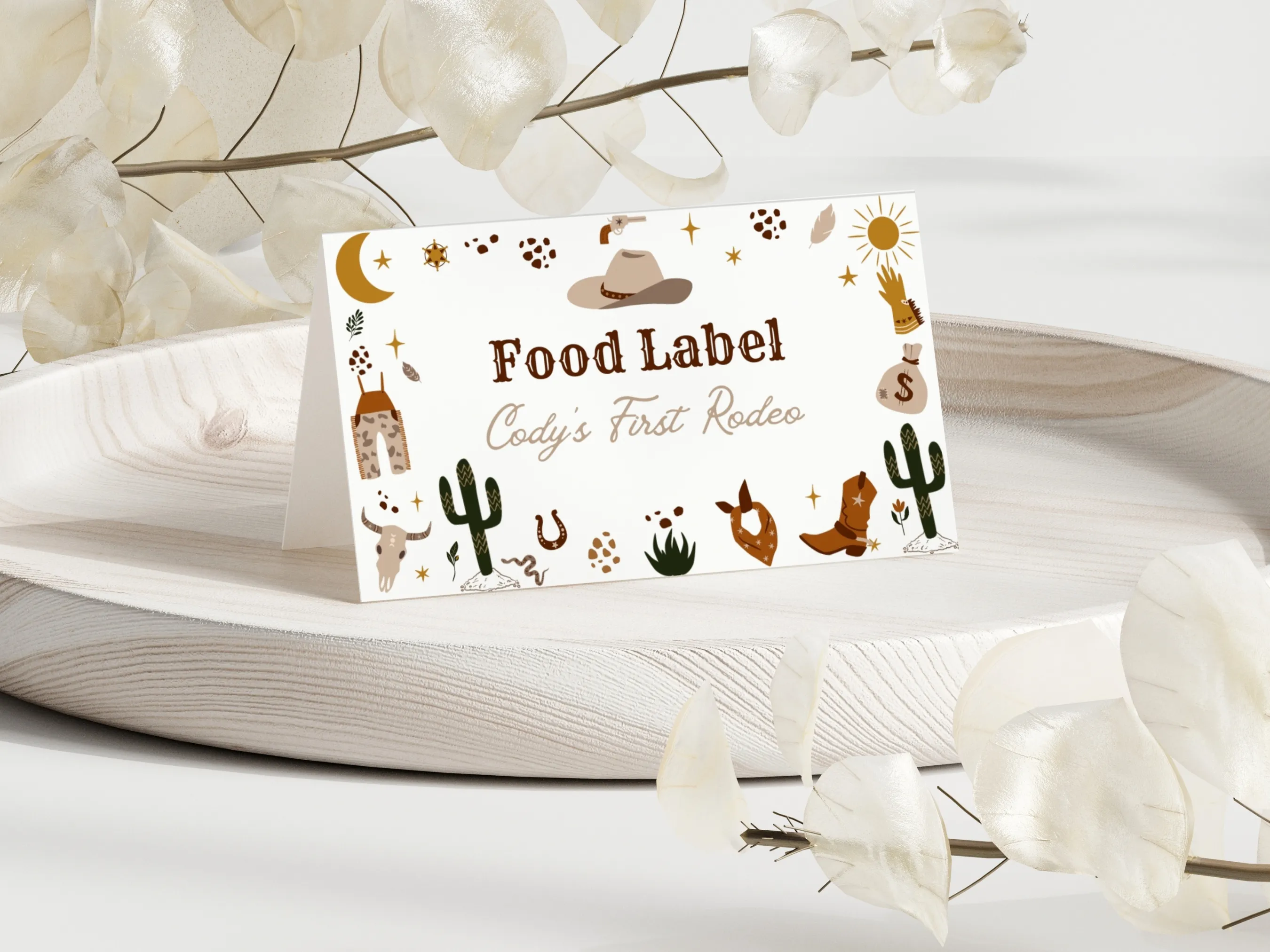 First Rodeo birthday food tent cards with western cowboy theme, editable place cards and table labels by fllcdesigns