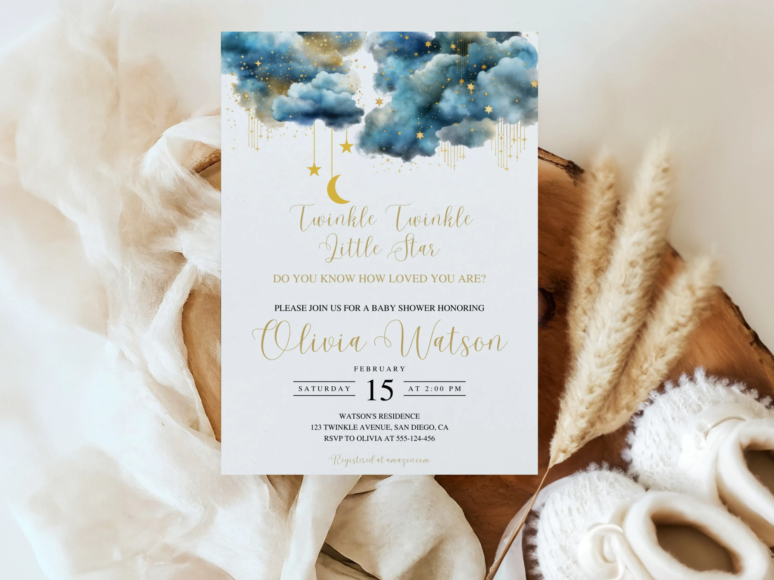 Twinkle Little Star Baby Shower Invitation Set | Over The Moon Blue Gold Starter Pack | Editable Canva Template | Digital Download