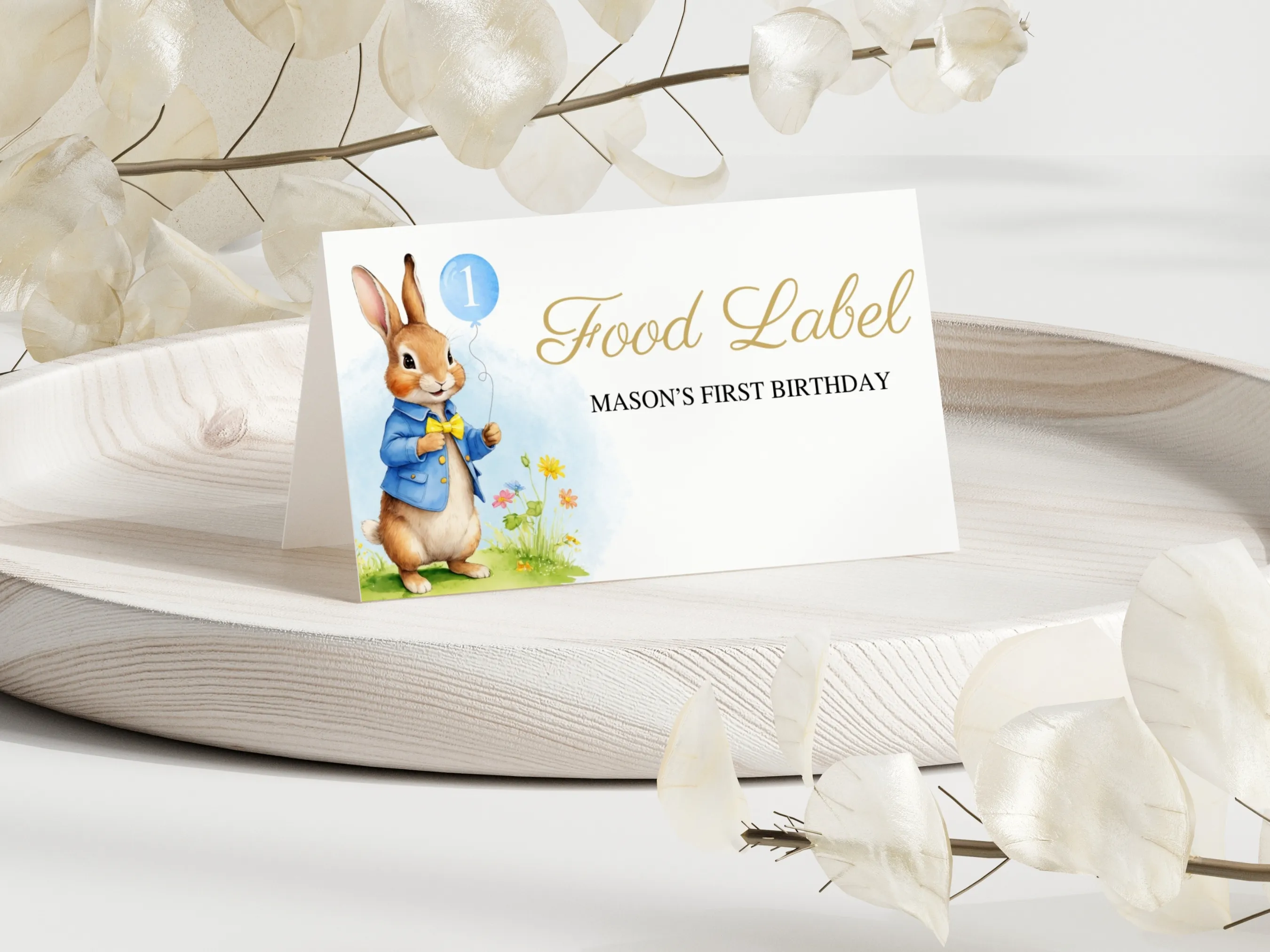 Peter Rabbit birthday food tent cards with Flopsy Bunny design, editable rabbit name tags and table place cards by fllcdesigns
