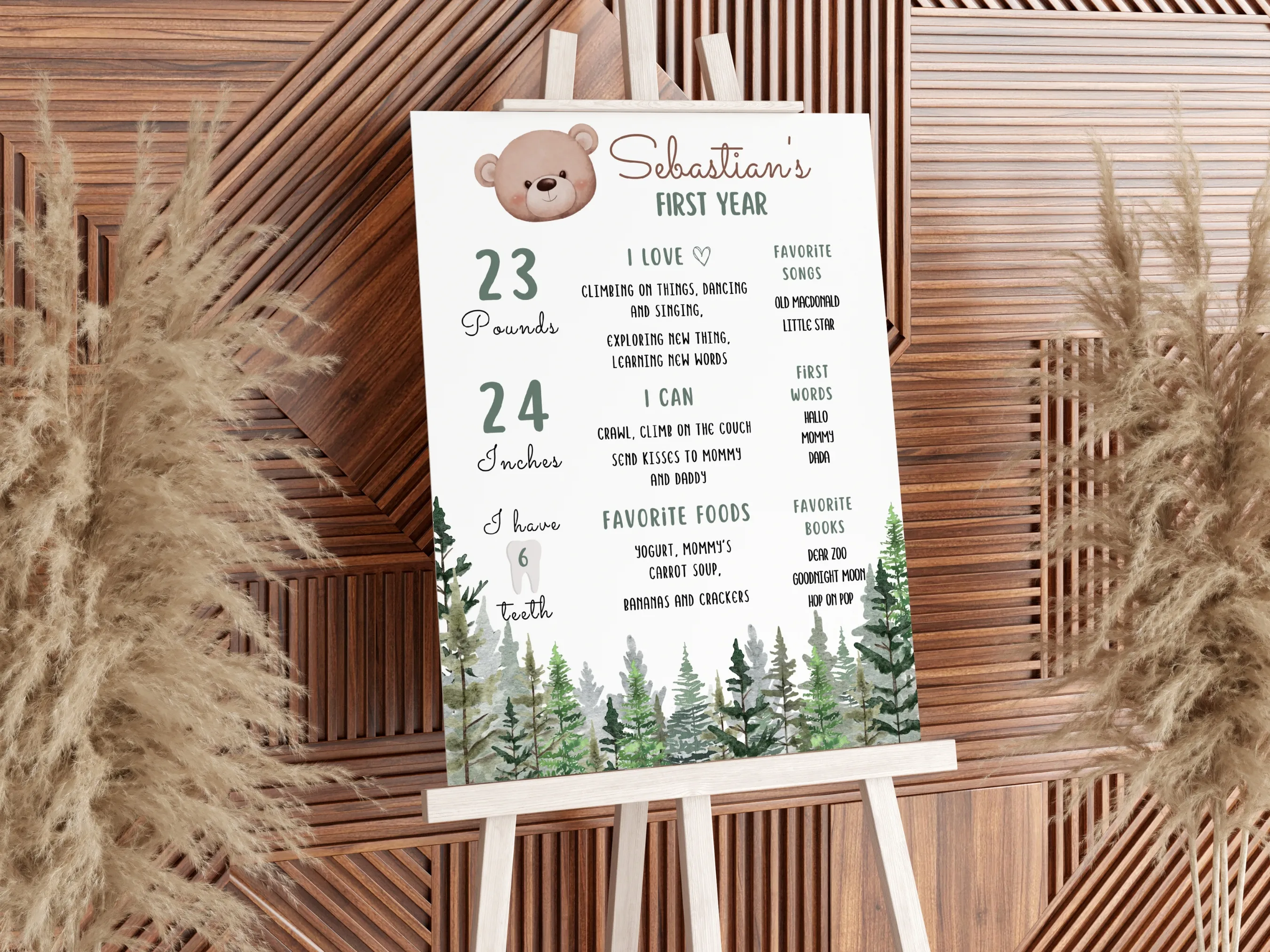 Brown Bear Birthday Milestone Board | Woodland Milestone Poster | Forest Baby Milestone Sign | 1st Birthday Party | Editable Canva Template | Digital Download
