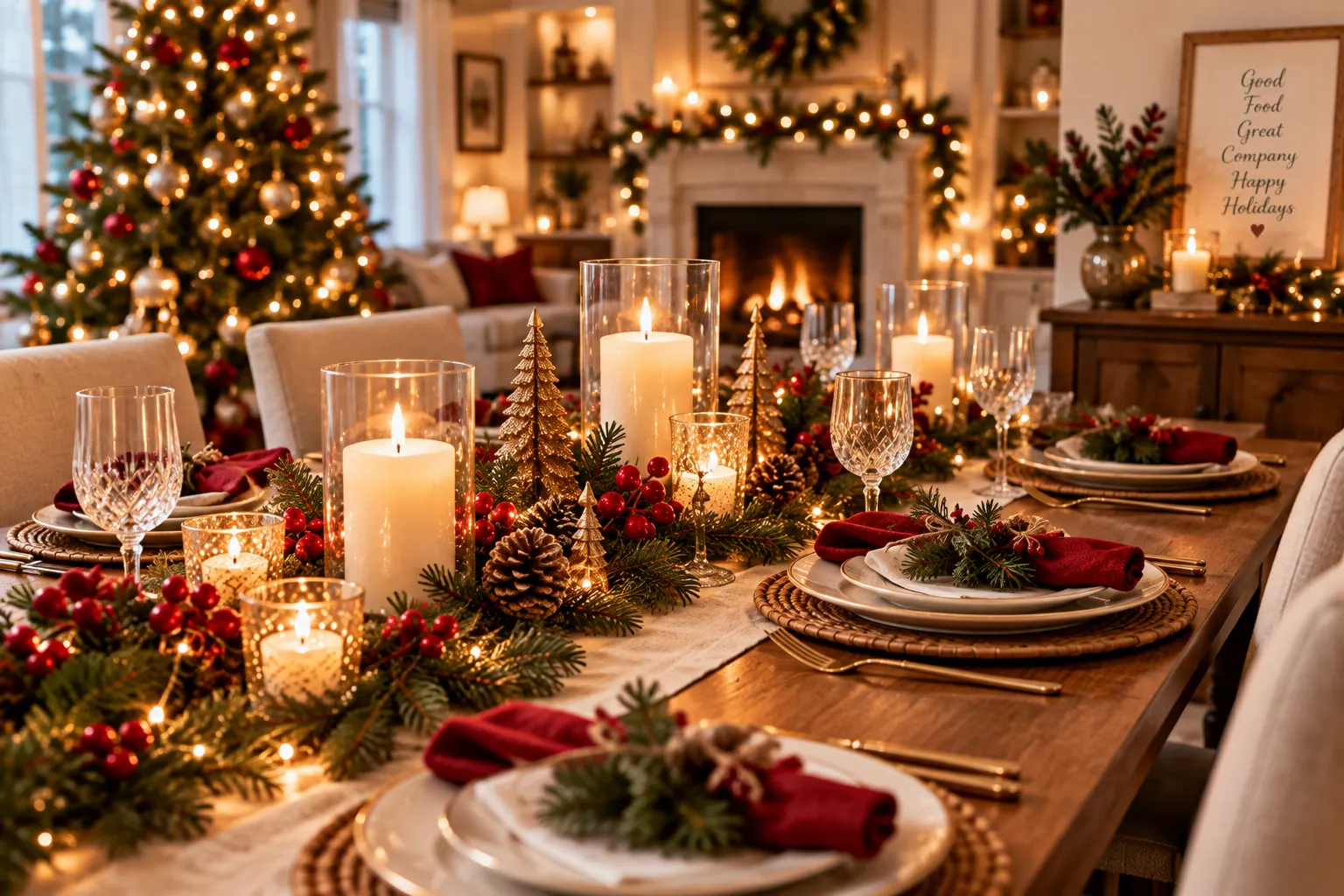 Elegant Christmas dining room with festive table setting, candles and Christmas tree