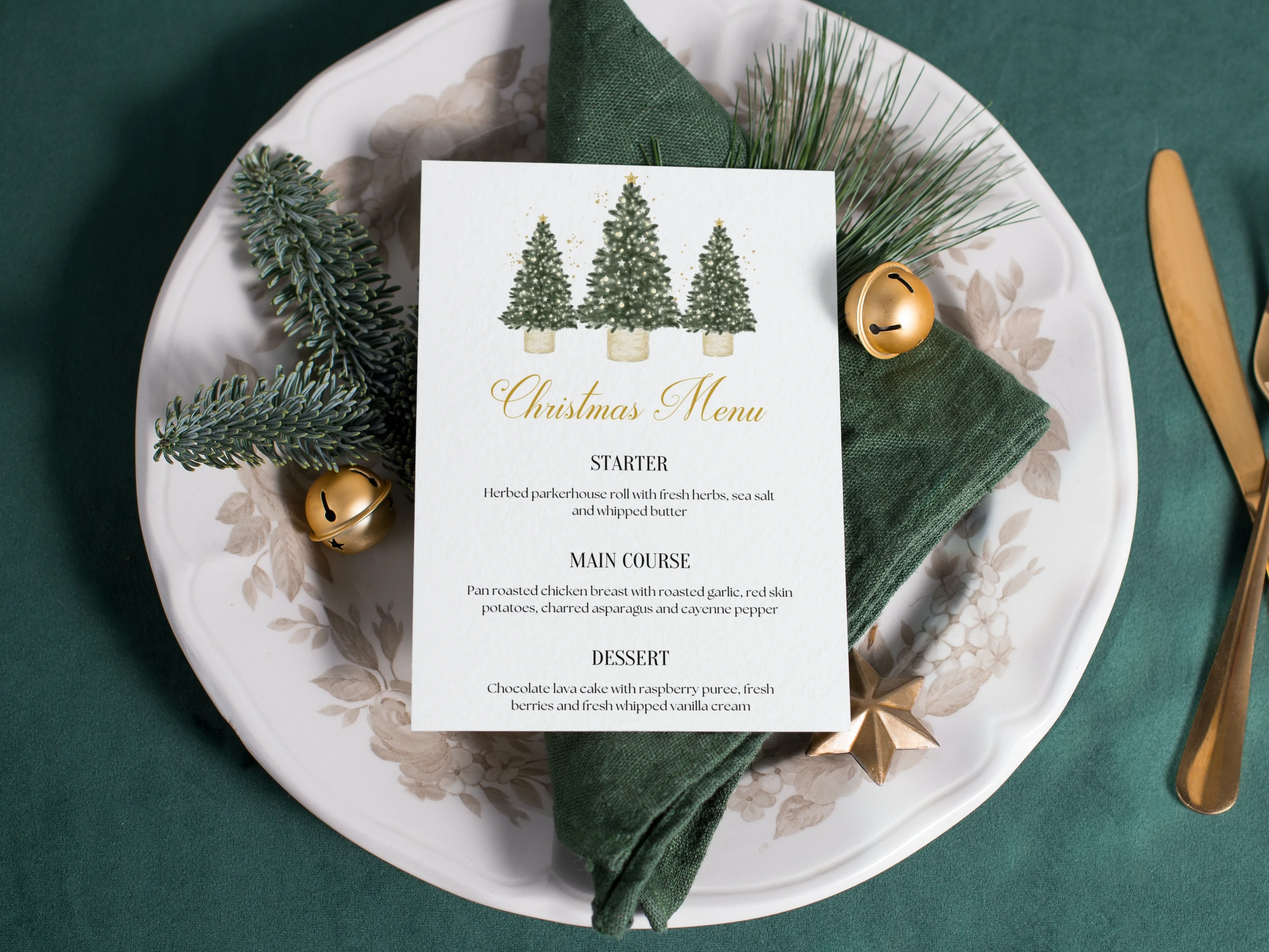 Green and Gold Christmas Tree dinner menu with three evergreen trees, gold stars and glitter details, editable 5 × 7 inch Canva menu template for an elegant Christmas dinner table
