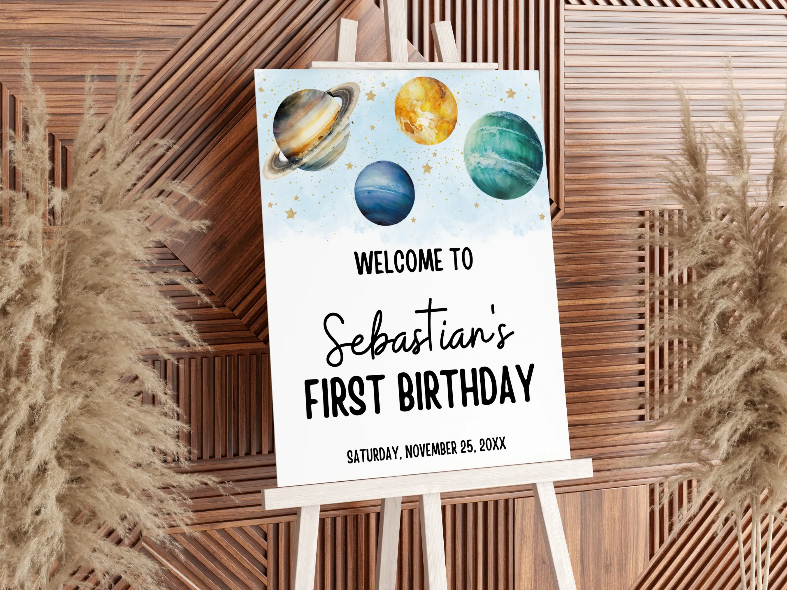First Trip Around the Sun birthday welcome sign with outer space theme, 1st birthday welcome poster, editable Canva template digital download.