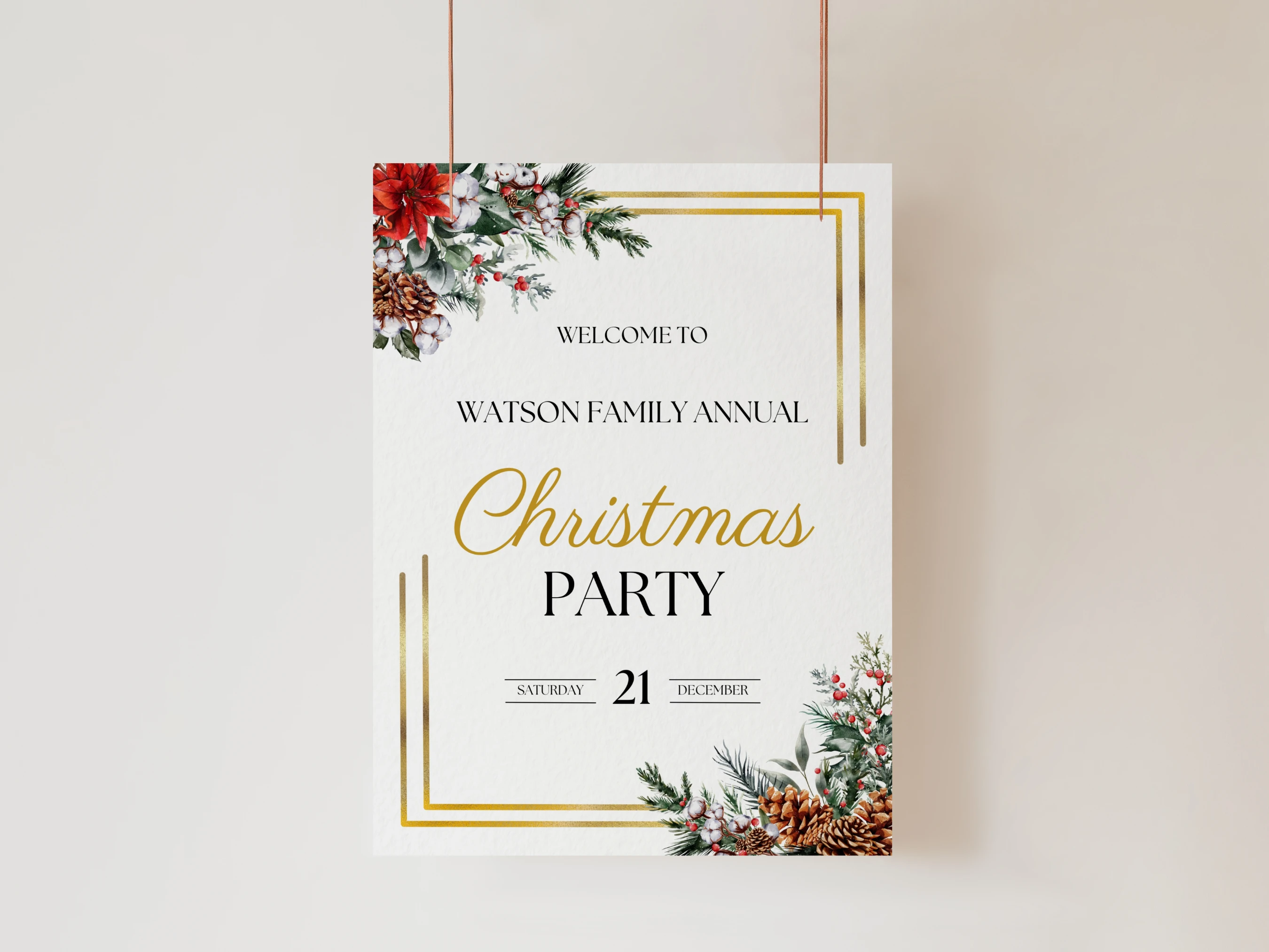 Christmas Party Welcome Sign | Golden Frame and Festive Greenery Decor | Editable Canva Template | Digital Download