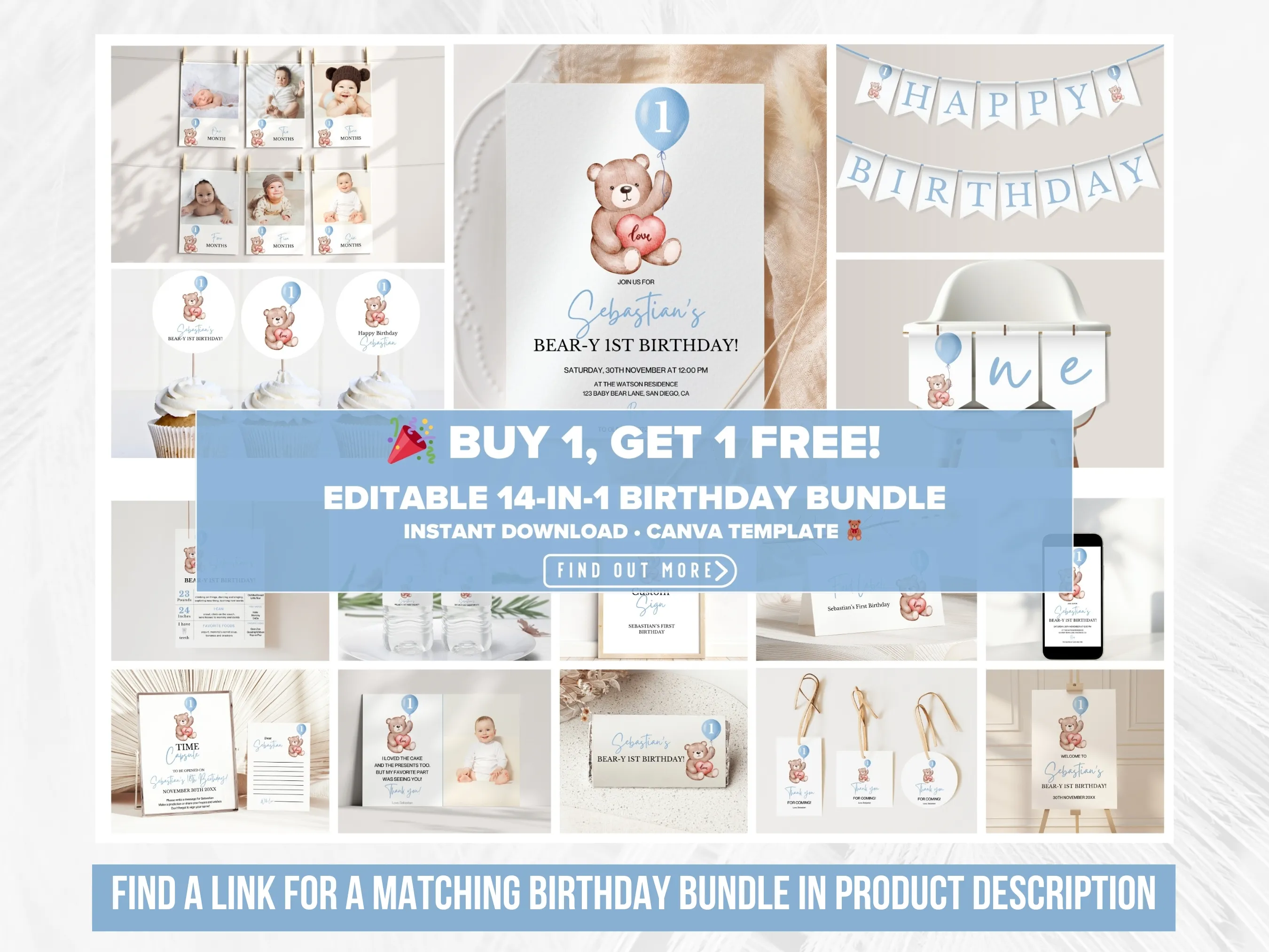Teddy Bear 1st Birthday Mobile Invitation | Beary First Birthday Evite | Cute Teddy Bear Party | Editable Canva Template | Digital Download
