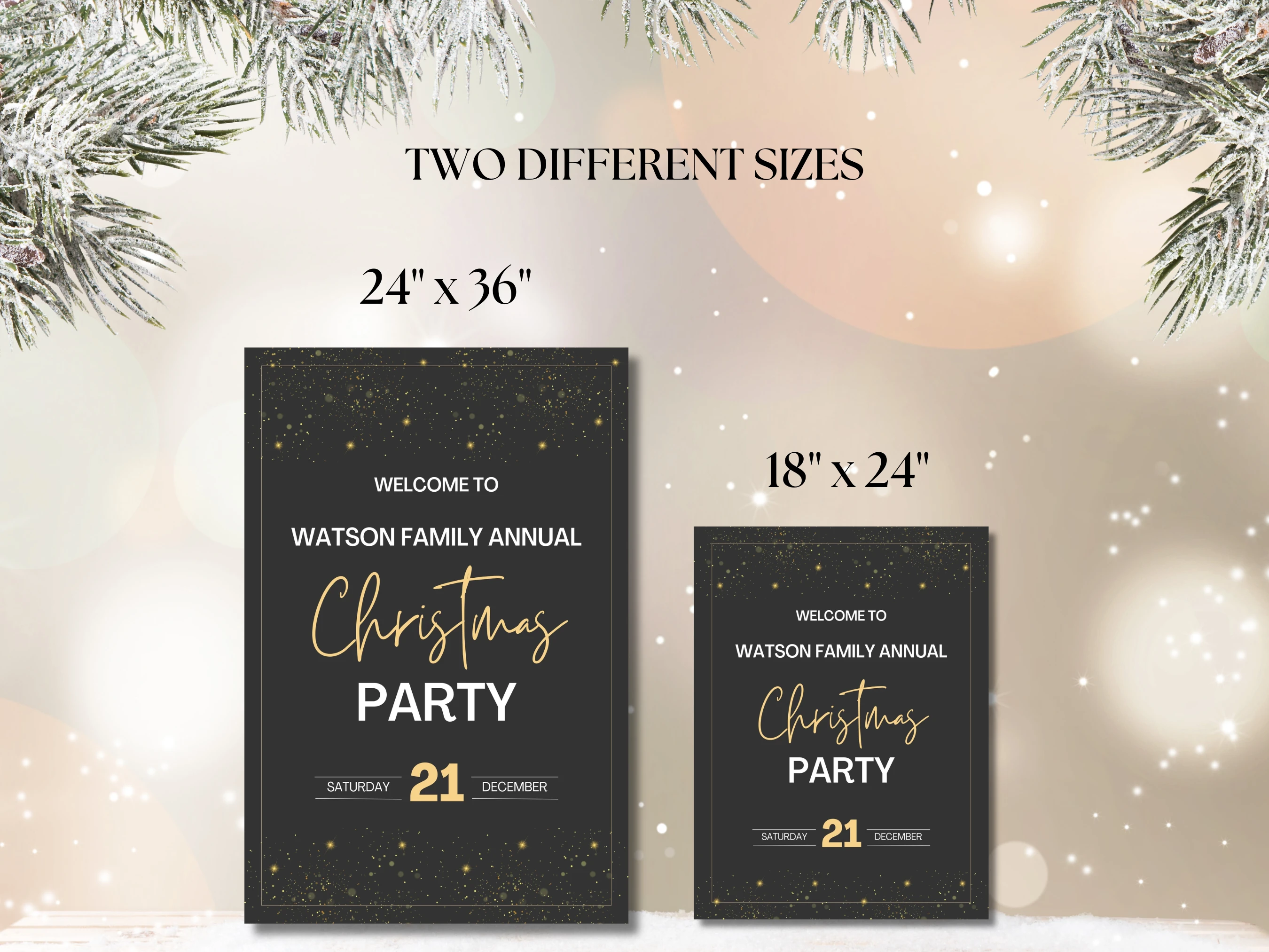 Elegant Black and Gold Christmas Party Welcome Sign | Holiday Entrance Sign | Editable Canva Template | Digital Download