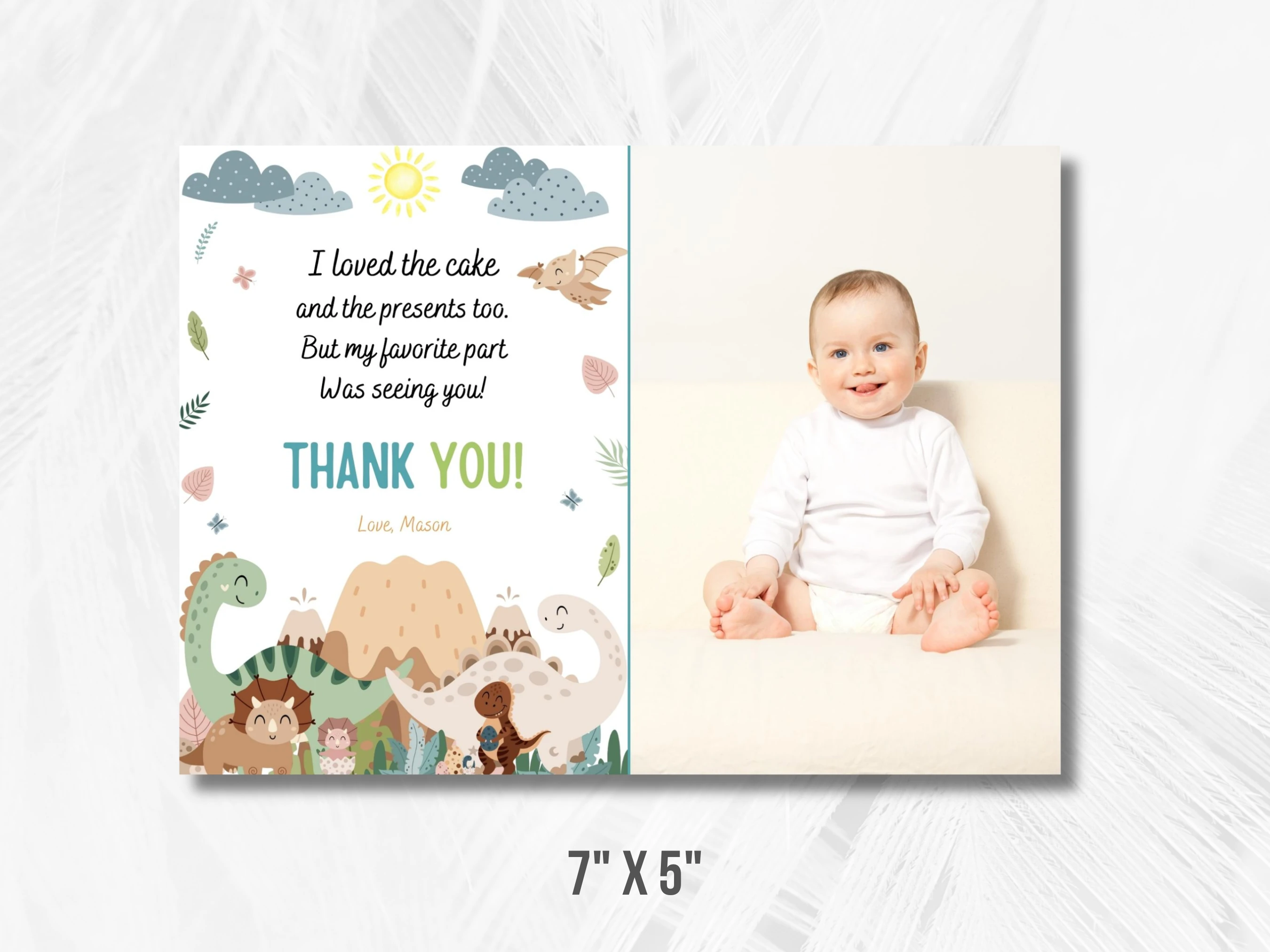 Baby Boy Dinosaur Birthday Thank You Card With Photo | Dino Party Birthday Thank You Note | Dino 1st Birthday Party | Editable Canva Template | Digital Download
