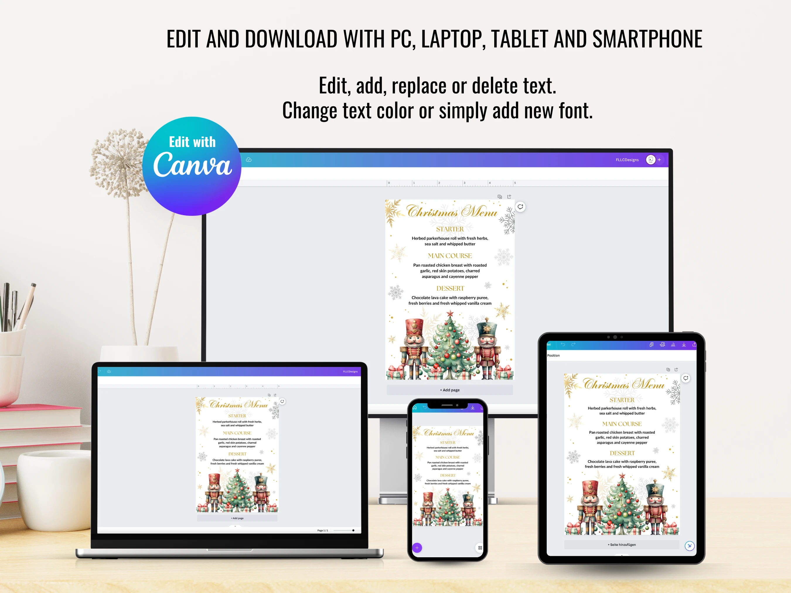 Nutcracker Christmas Dinner Menu Template | 5x7 Holiday Table Card | Editable Canva Template | Digital Download