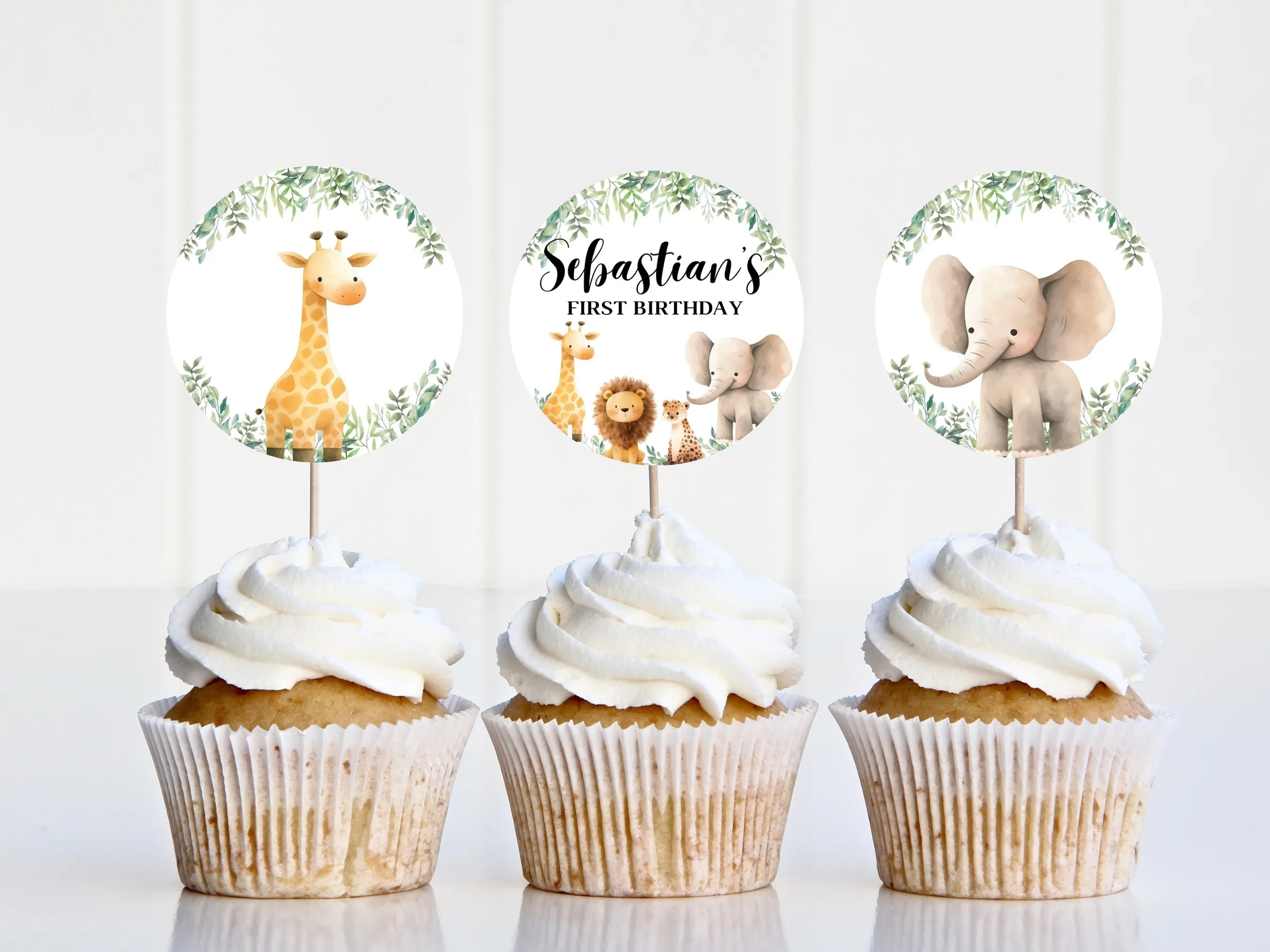 Safari and Wild One cupcake toppers with jungle animals and matching “One” cake topper, editable Canva template by fllcdesigns