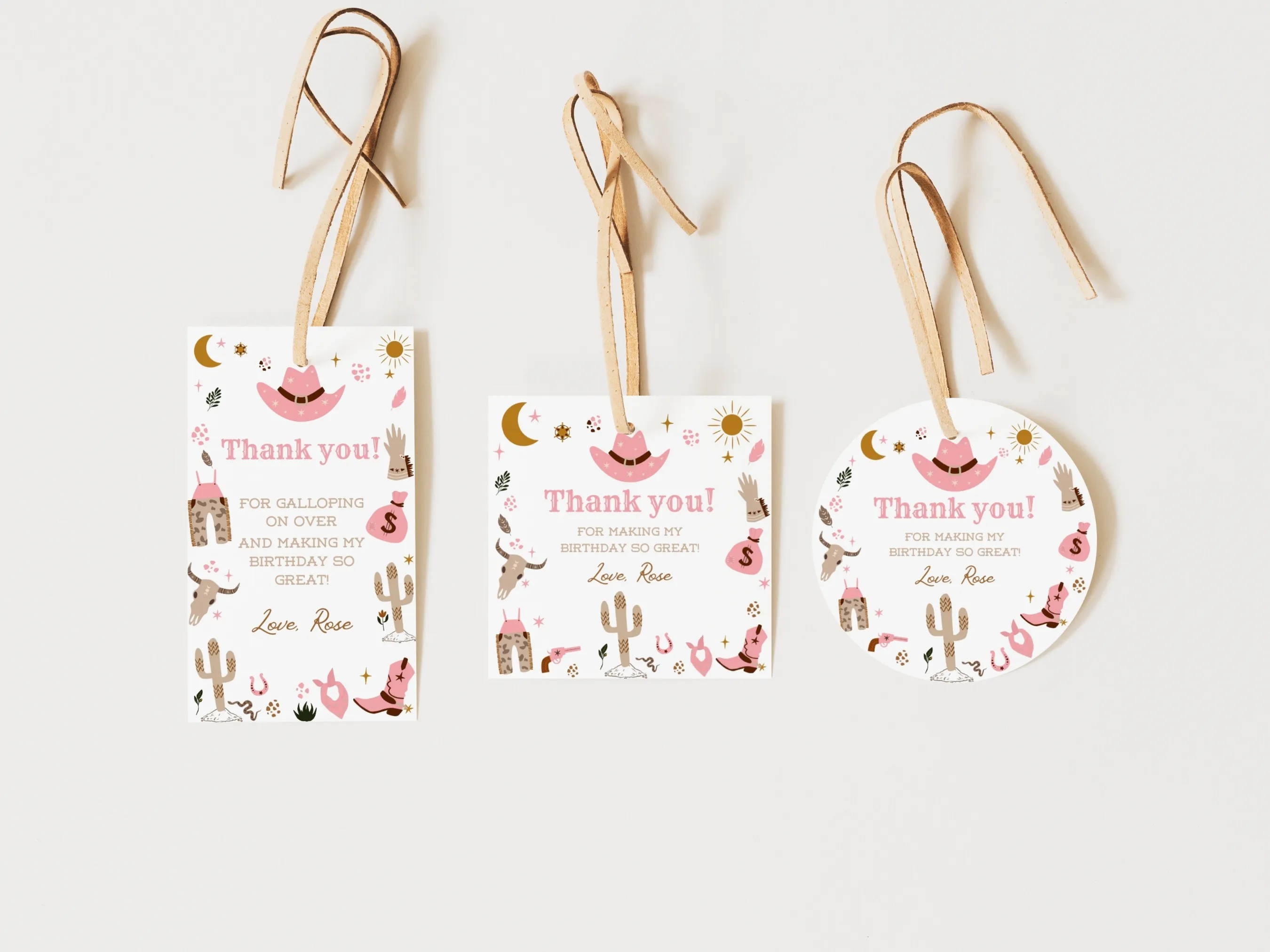 My First Rodeo birthday thank you tags with pink cowgirl western theme, hat and boots design, editable Canva template by fllcdesigns