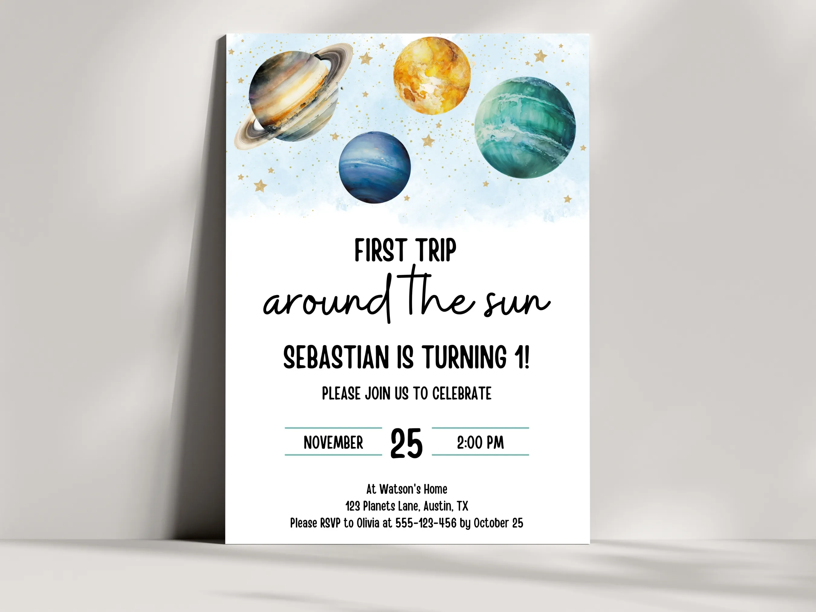 First Trip Around the Sun invitation — outer space theme editable Canva template for birthday parties (digital download)