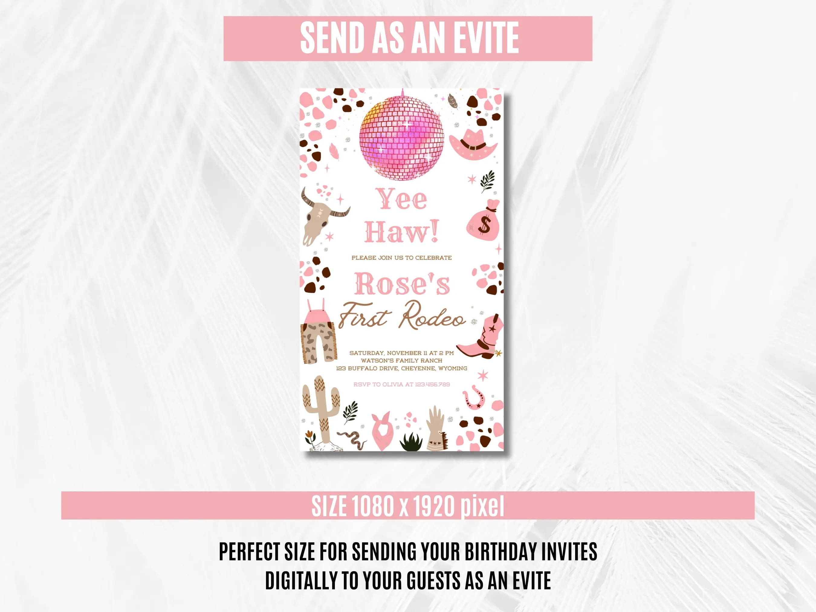 Space Cowgirl First Rodeo Birthday Mobile Invitation | Disco Western Evite | Editable Canva Template | Digital Download