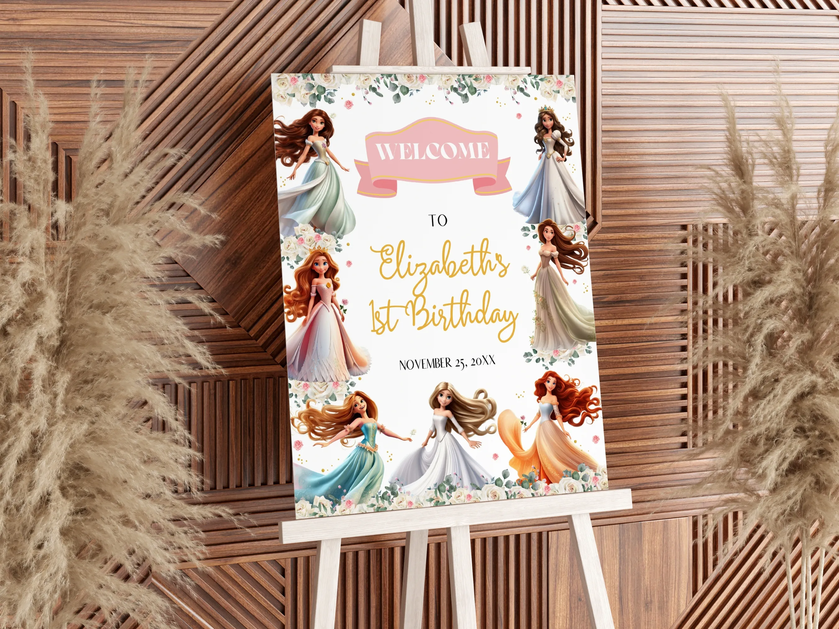 Princess birthday welcome sign with royal crown, pink and gold theme, elegant 1st birthday design, editable Canva template by fllcdesigns