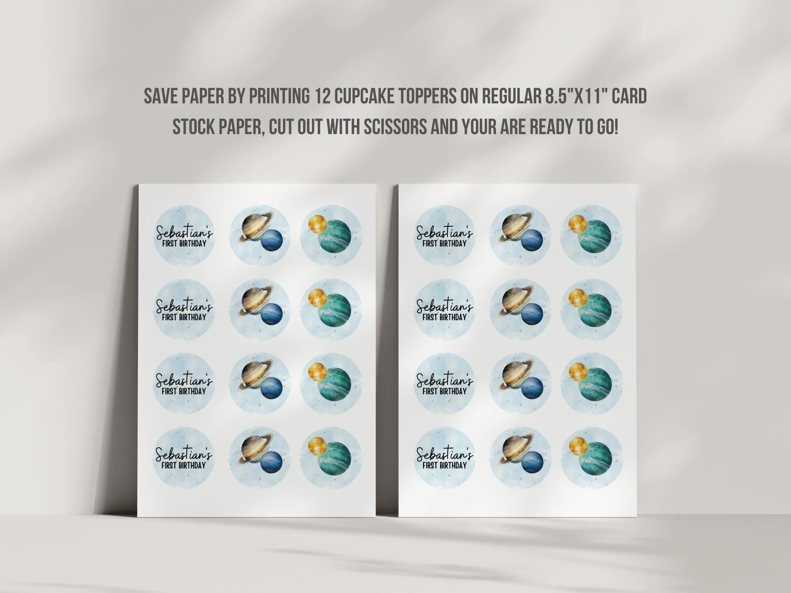 Outer Space Happy Birthday Cupcake Toppers | First Trip Around the Sun Cake Toppers | Planets “One” Cake Topper | Editable Canva Template | Digital Download