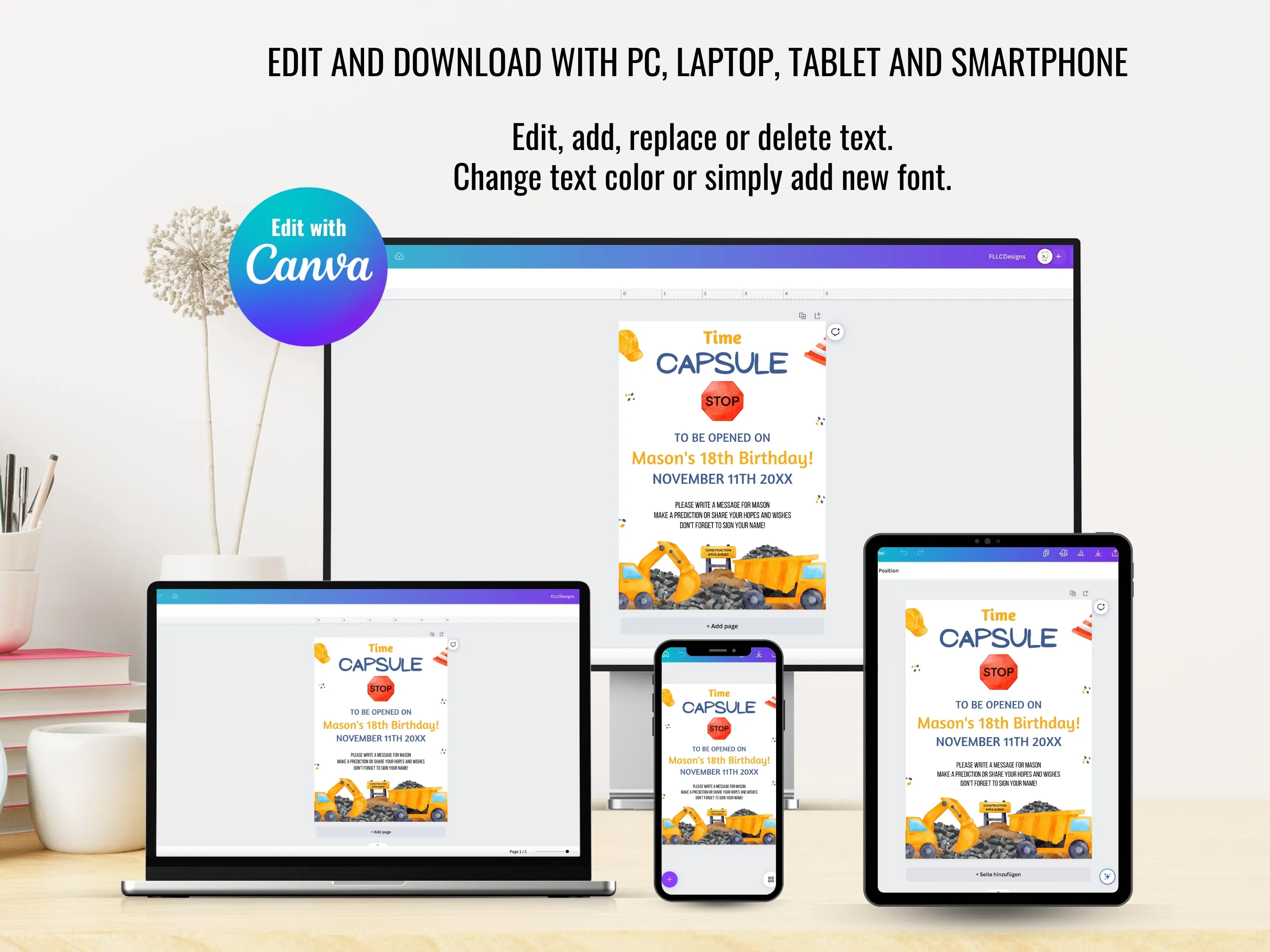 Construction 1st Birthday Time Capsule Sign & Wishes Card | Excavator Party Guest Book | Editable Canva Template | Digital Download