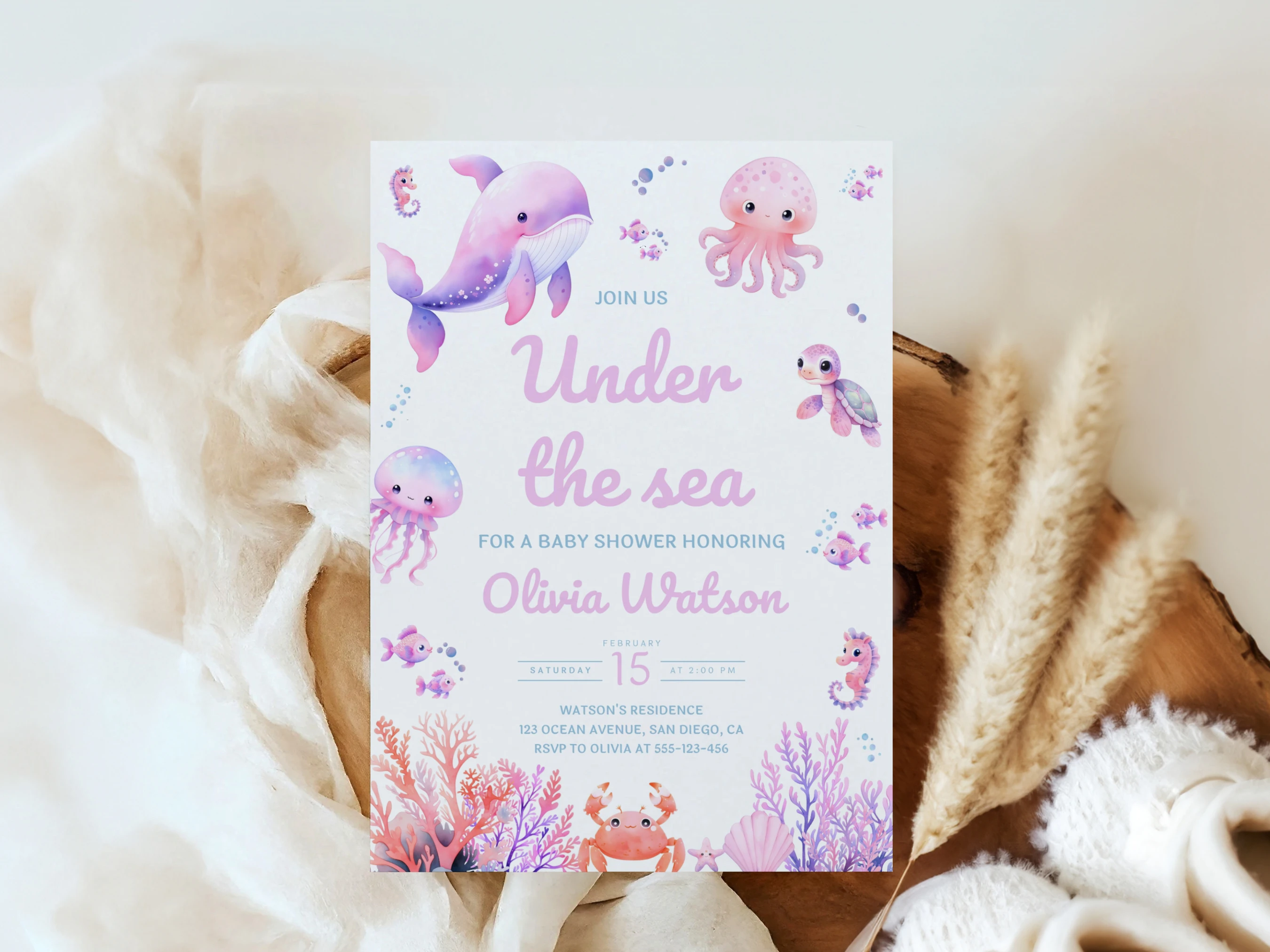 under the sea baby shower invitation, pink ocean baby shower invite, ocean theme baby shower invitation template, printable baby shower invite, editable baby shower invitation Canva