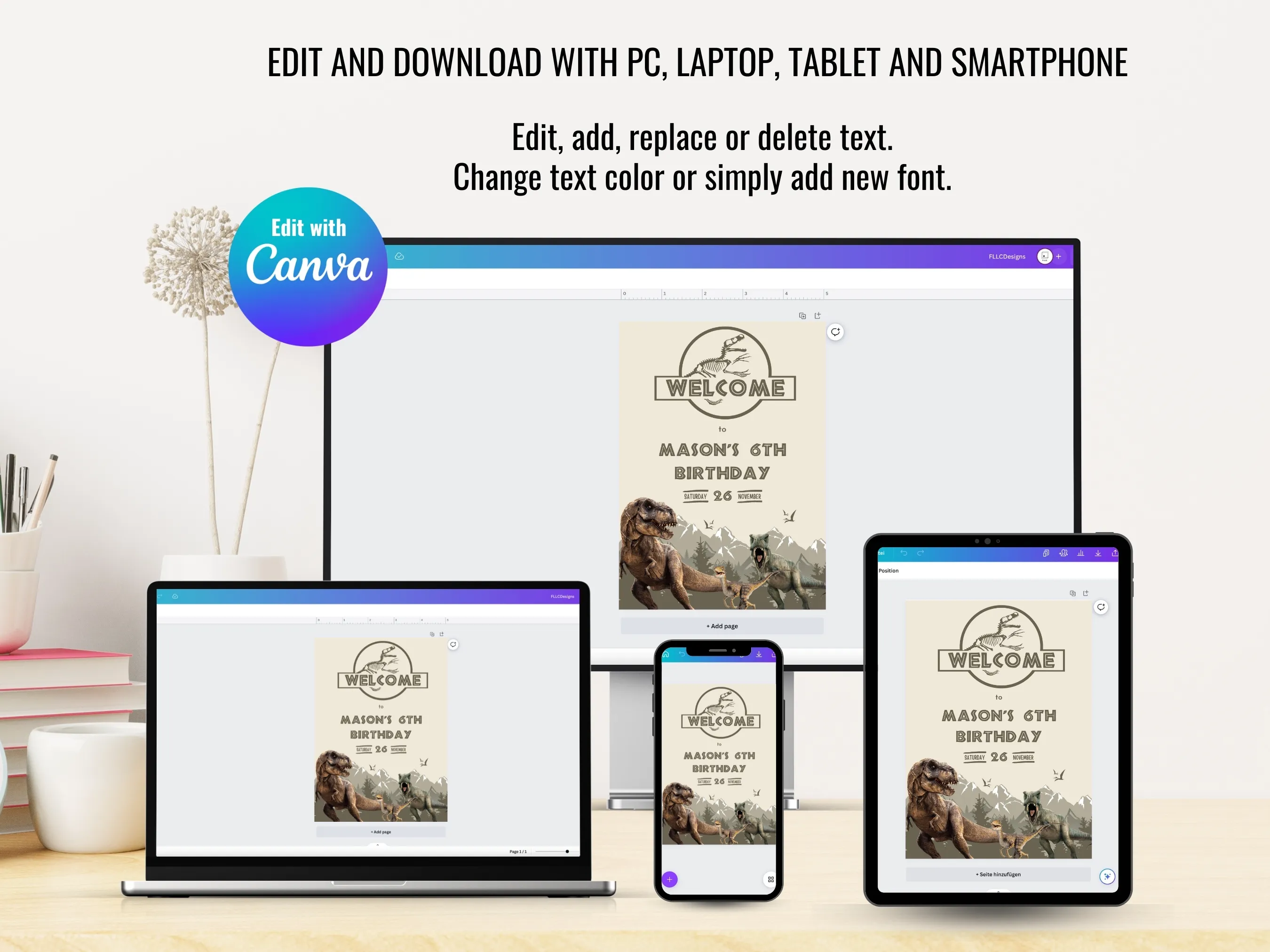 Jurassic Birthday Welcome Sign | Dinosaur Party Welcome Board | T-Rex 1st Birthday Sign | Editable Canva Template | Digital Download