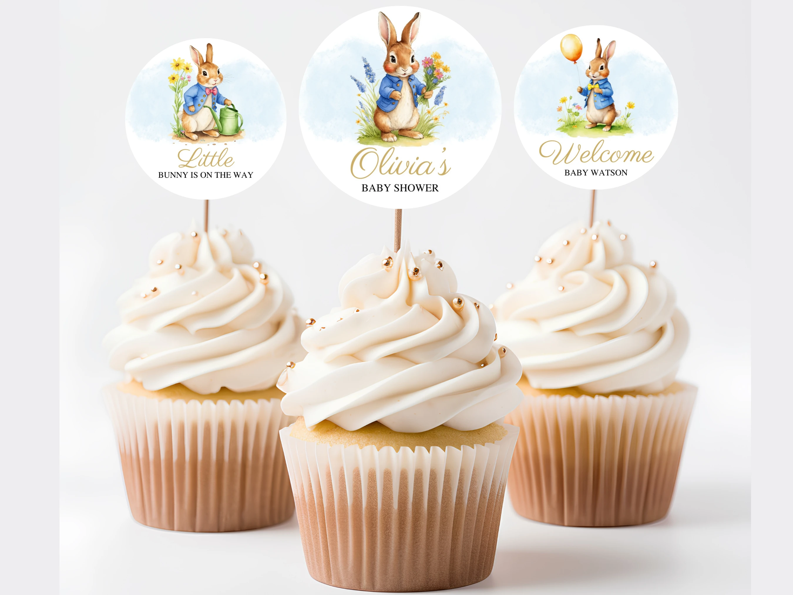 peter rabbit baby shower cupcake toppers flopsy bunny spring greenery decor canva template digital download, flopsy bunny baby shower cupcake topper peter rabbit spring baby shower decorations canva template