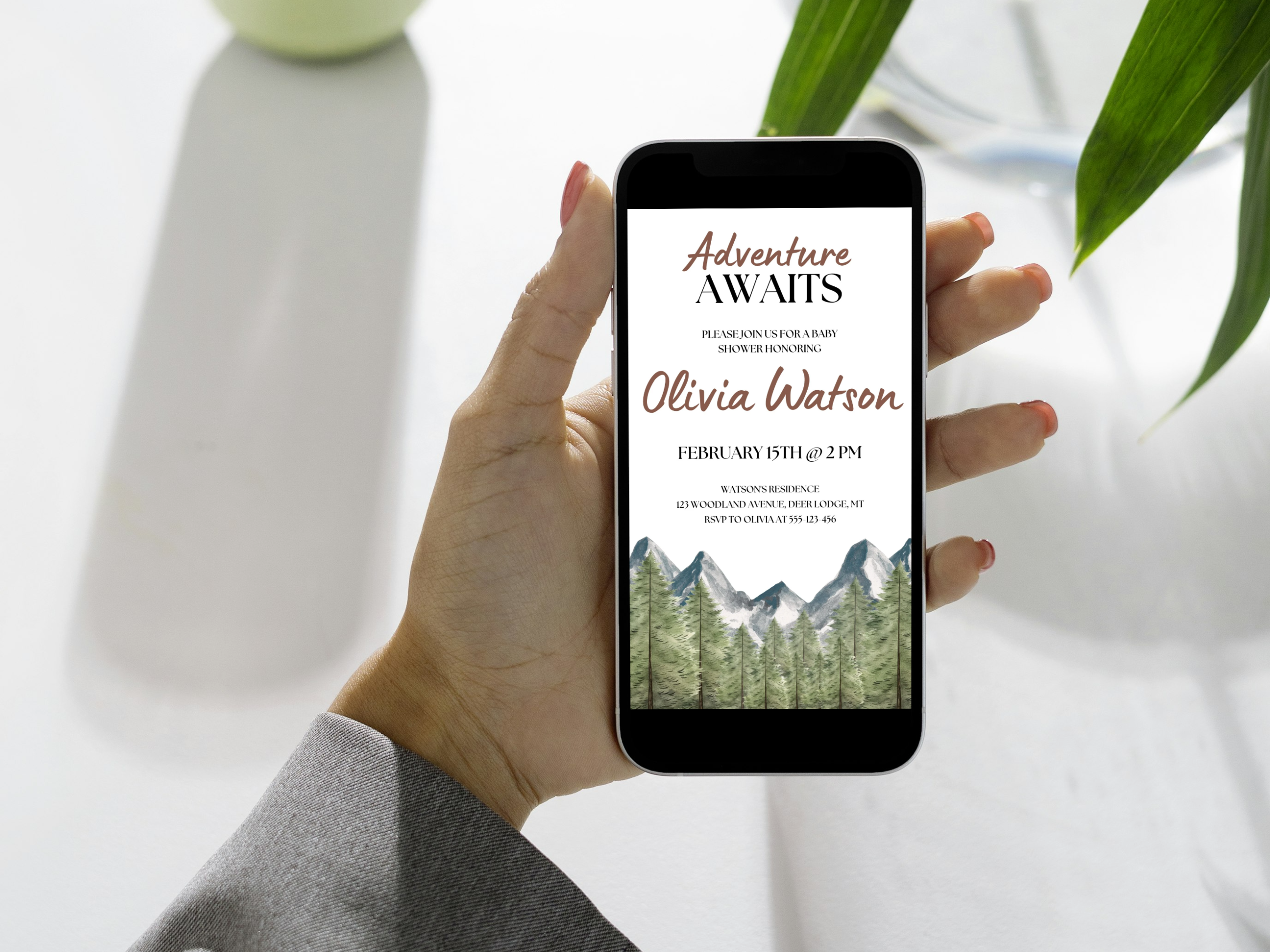 Adventure Awaits Baby Shower Mobile Invitation | Woodland Baby Shower Digital Invite | Mountain Baby Shower Party | Editable Canva Template | Digital Download