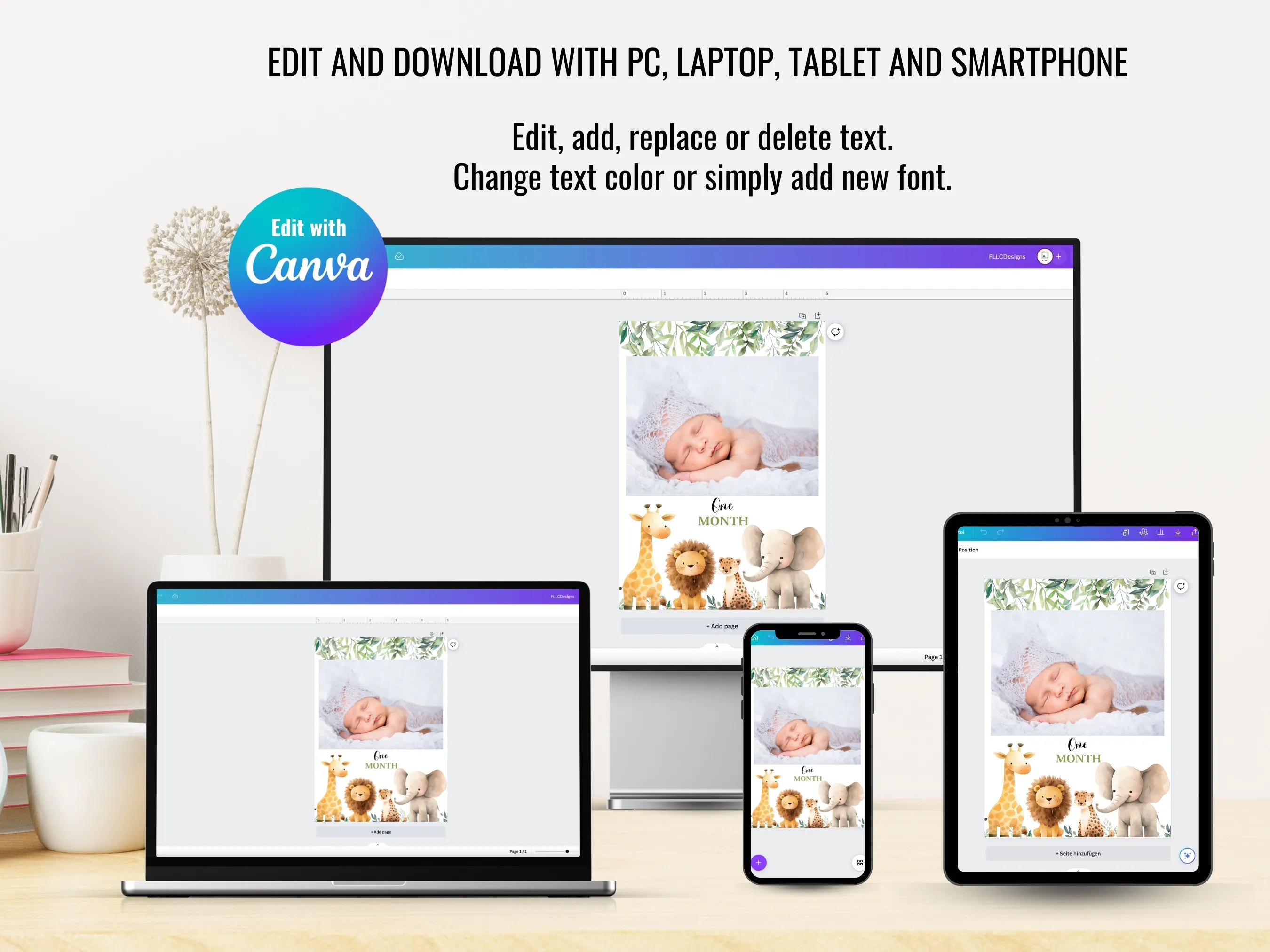 Wild One Safari Birthday Milestone Photo Banner | Jungle Animals Photo Cards | Editable Canva Template | Digital Download