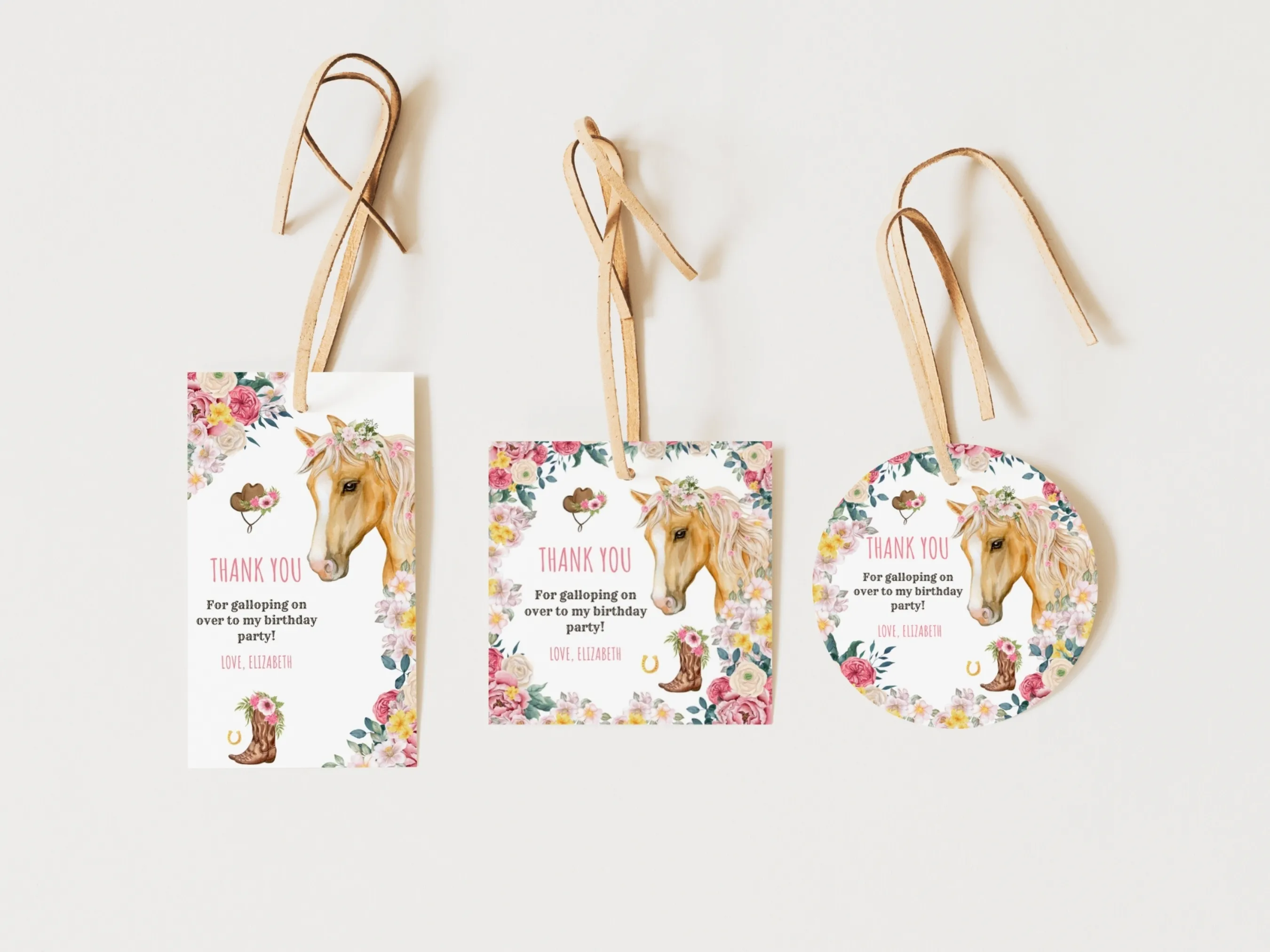 Horse birthday thank you tags with rodeo pony theme, rustic western design, editable Canva template by fllcdesigns