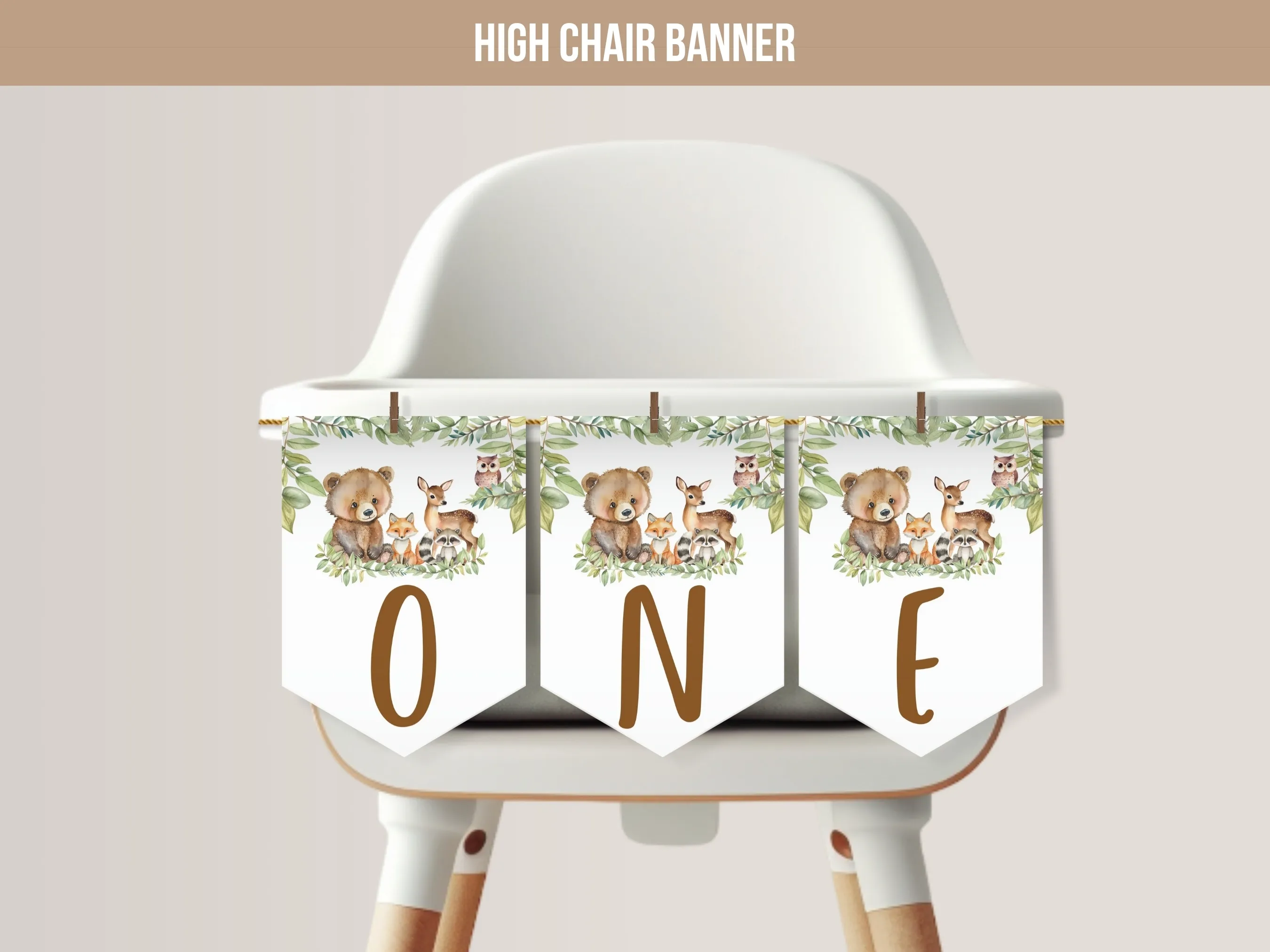 Woodland birthday high chair banner with forest animals and ONE lettering for a Wild One theme, editable Canva template digital download by fllcdesigns