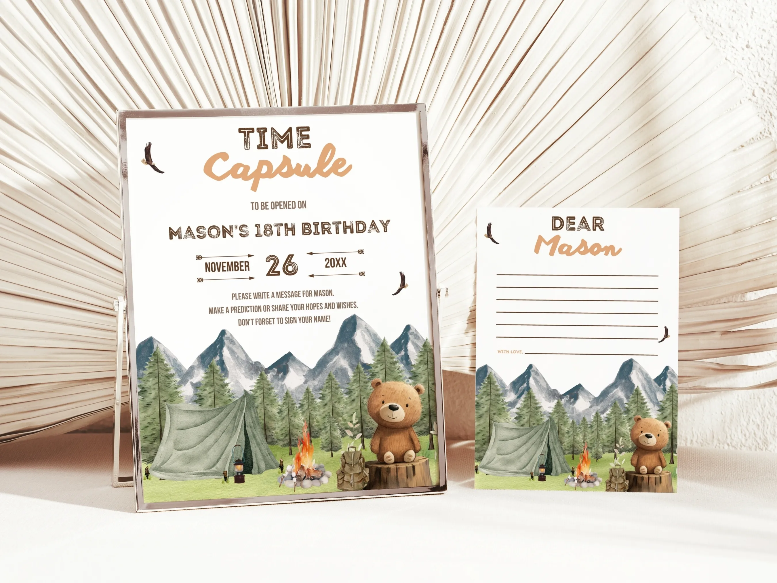 One Happy Camper birthday time capsule sign and wishes card with woodland bear theme, editable Canva guest book template, digital download.