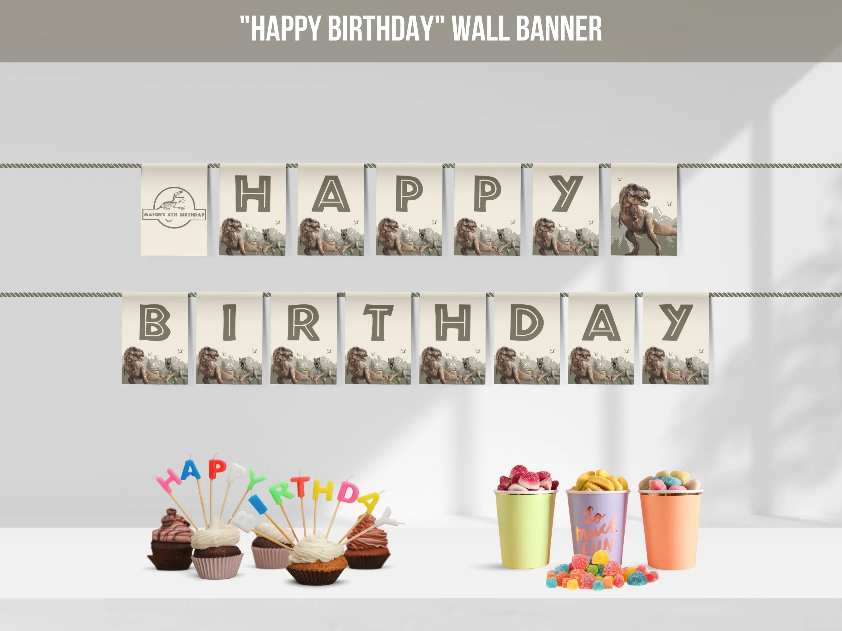 Dinosaur Happy Birthday banner with Jurassic and T-Rex theme, customizable birthday wall banner and bunting, editable Canva template by fllcdesigns