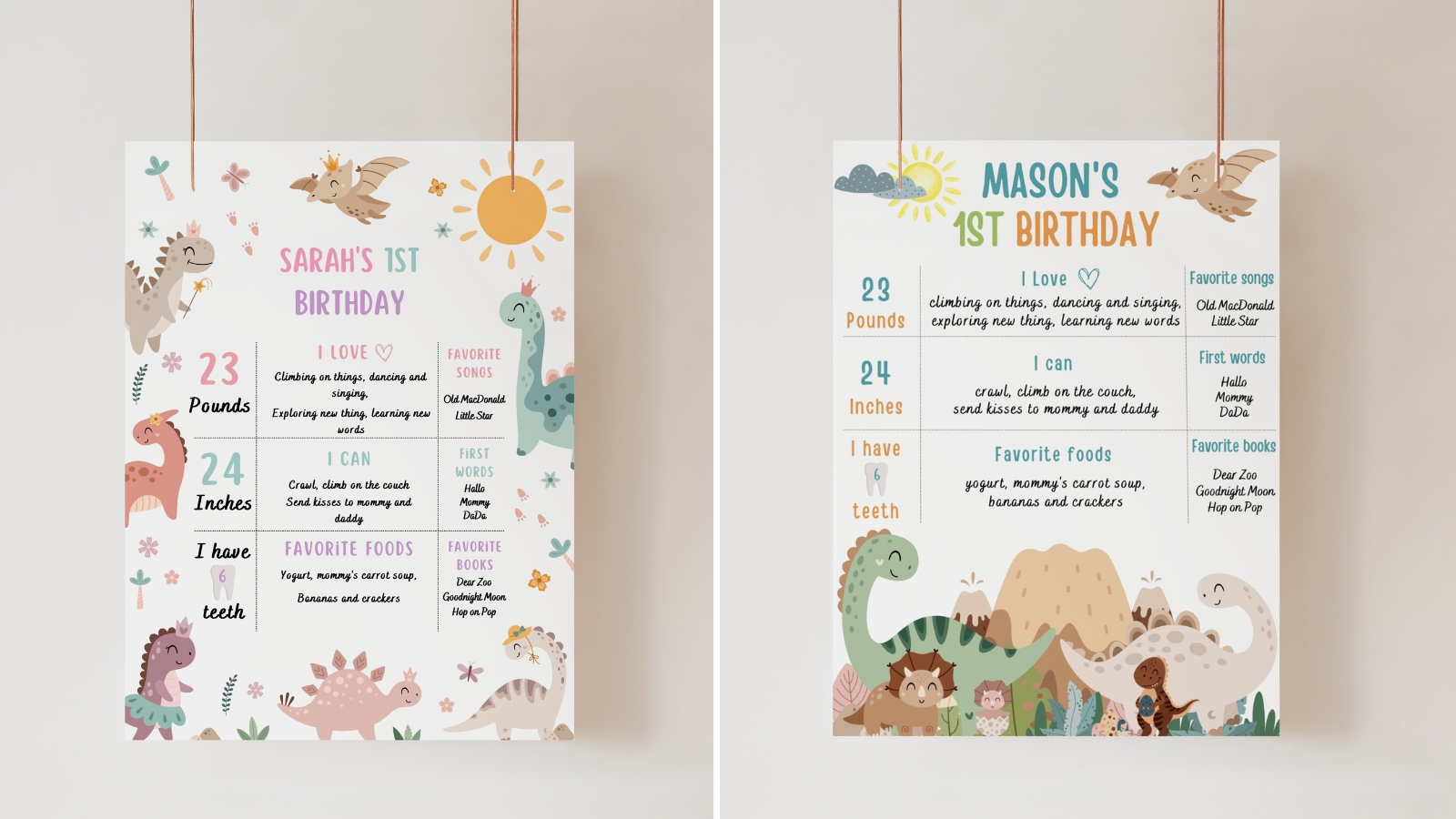 Printable baby milestone board for first birthday showing height, weight, teeth and favorites, editable Canva template – fllcdesigns