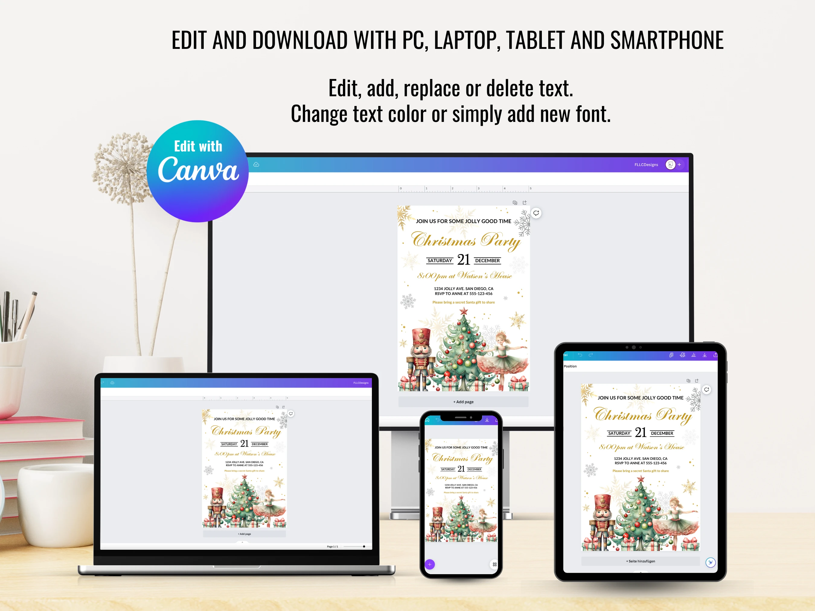 Nutcracker Christmas Party Invitation | Sugar Plum Fairy Holiday Design | Editable Canva Template | Digital Download