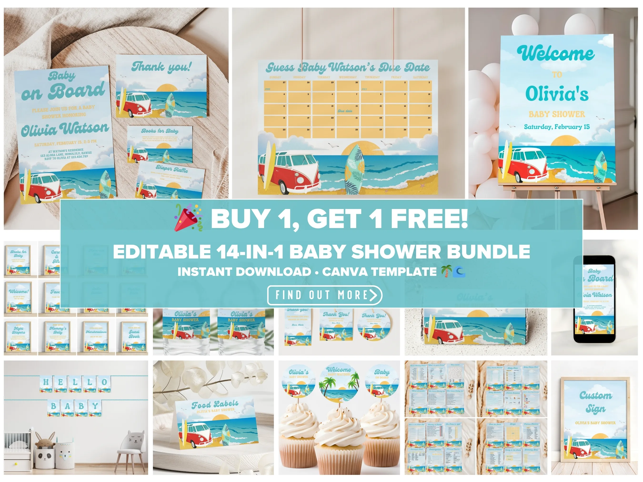 Baby on Board baby shower bundle — tropical surf and beach theme editable Canva templates for invitations, signs & decorations (digital download)