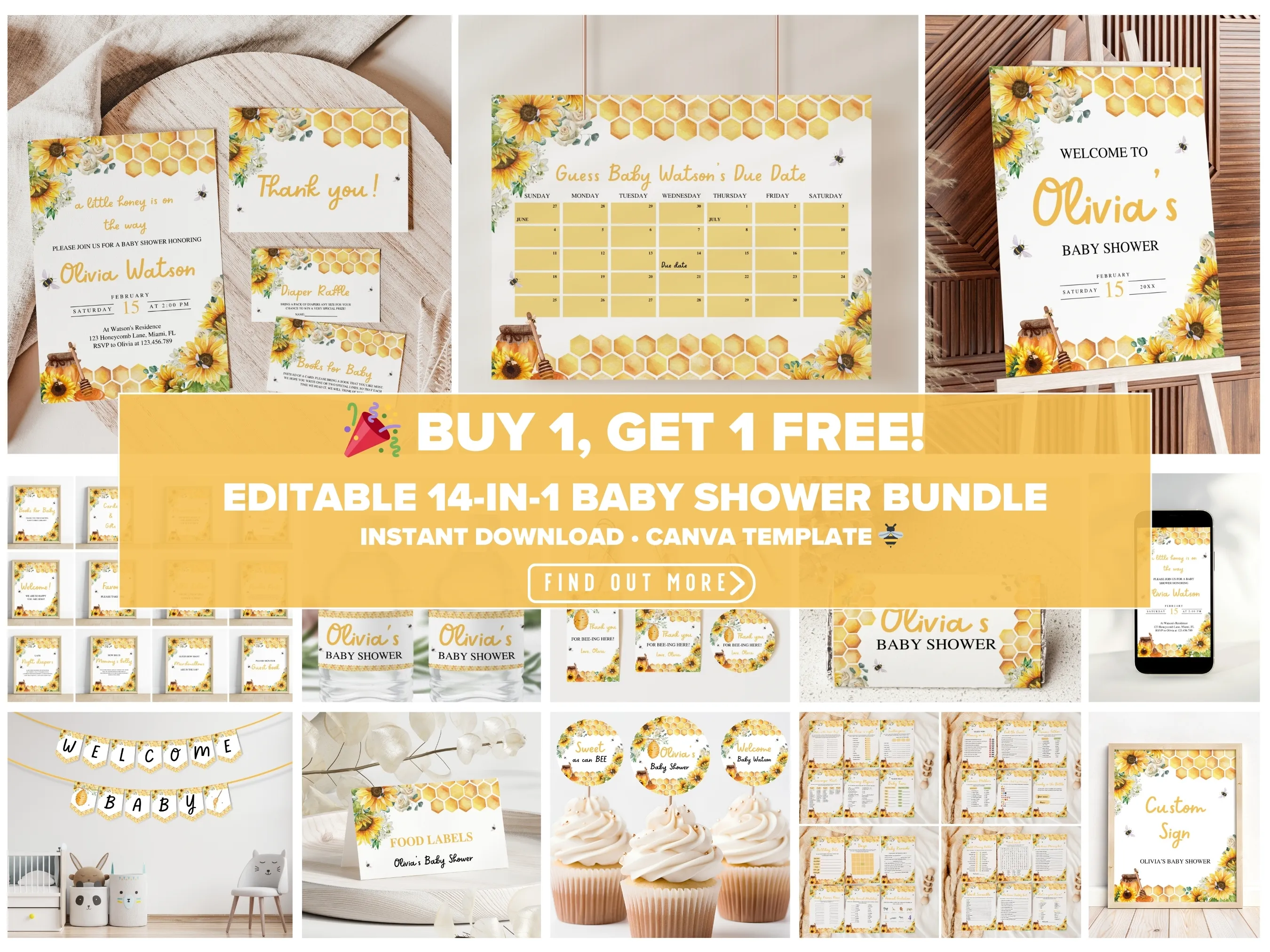 Bee baby shower theme editable Canva templates digital download by fllcdesigns