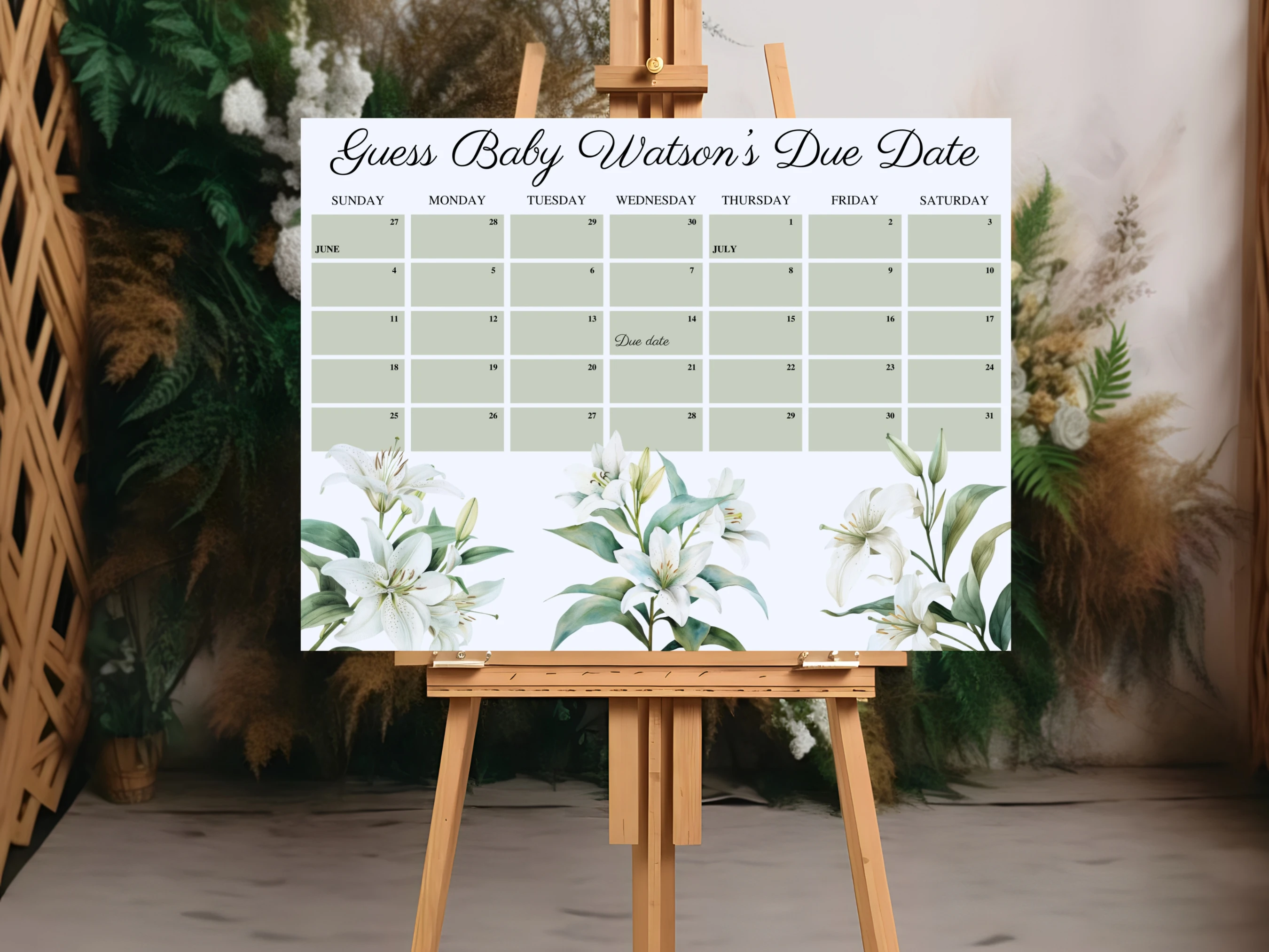 Baby In Bloom Baby Due Date Calendar | Spring Wildflower Prediction Game | Greenery Guess The Birthday For Baby Girl | Editable Canva Template | Digital Download