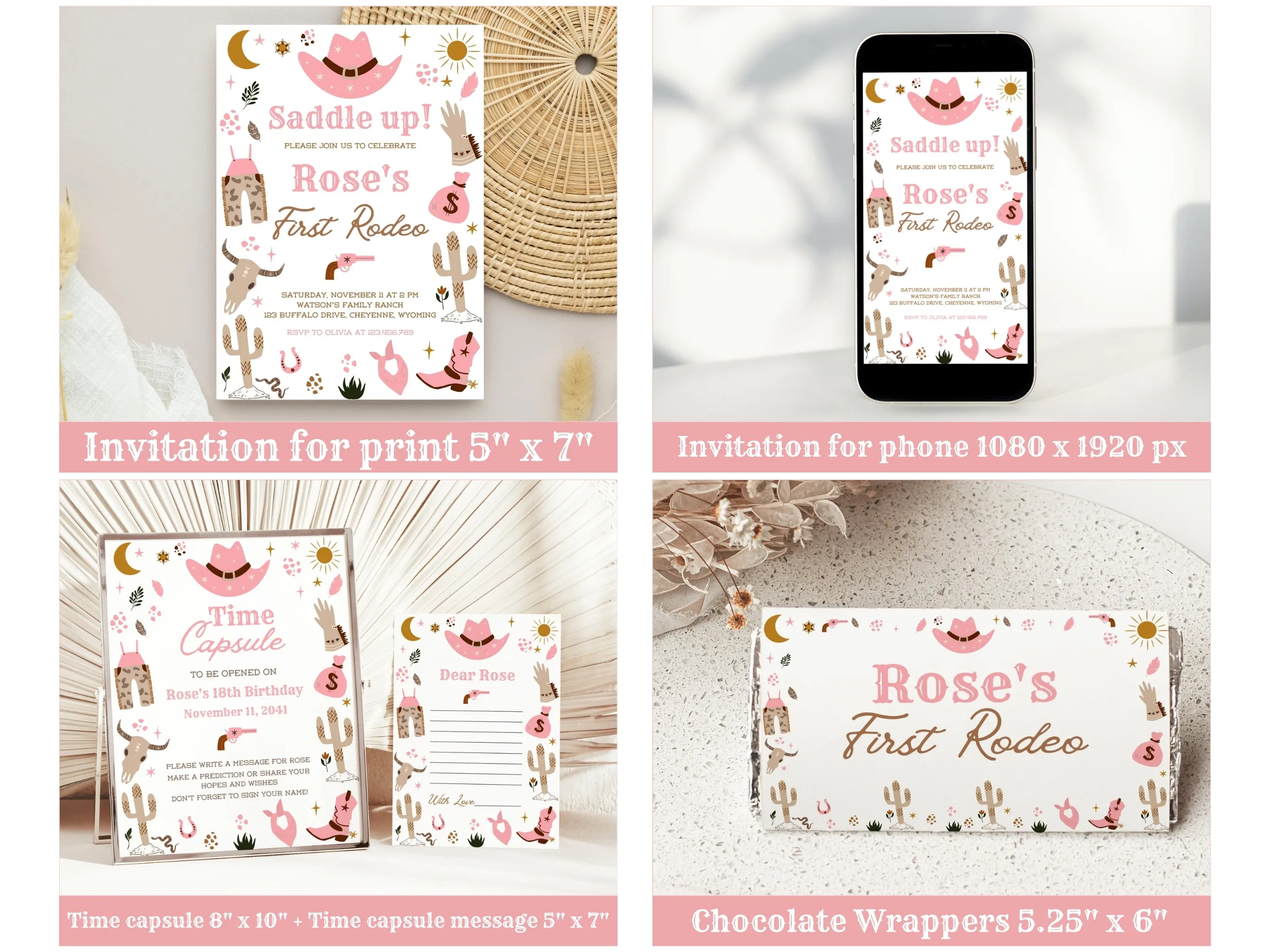 My First Rodeo Birthday Decor Bundle | Cowgirl Party Invitation | Editable Canva Template | Digital Download