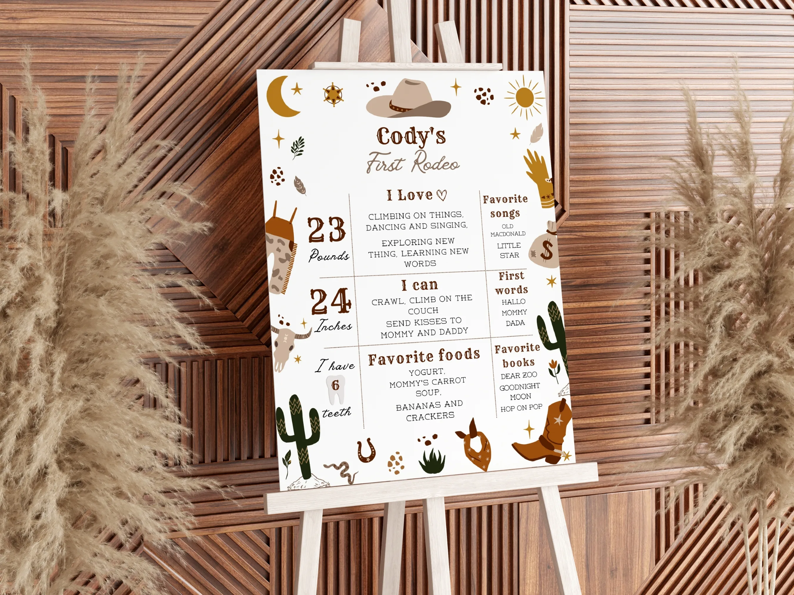 My First Rodeo Birthday Milestone Board | Cowboy Milestone Poster | Baby Milestone Sign | 1st Birthday Party | Editable Canva Template | Digital Download
