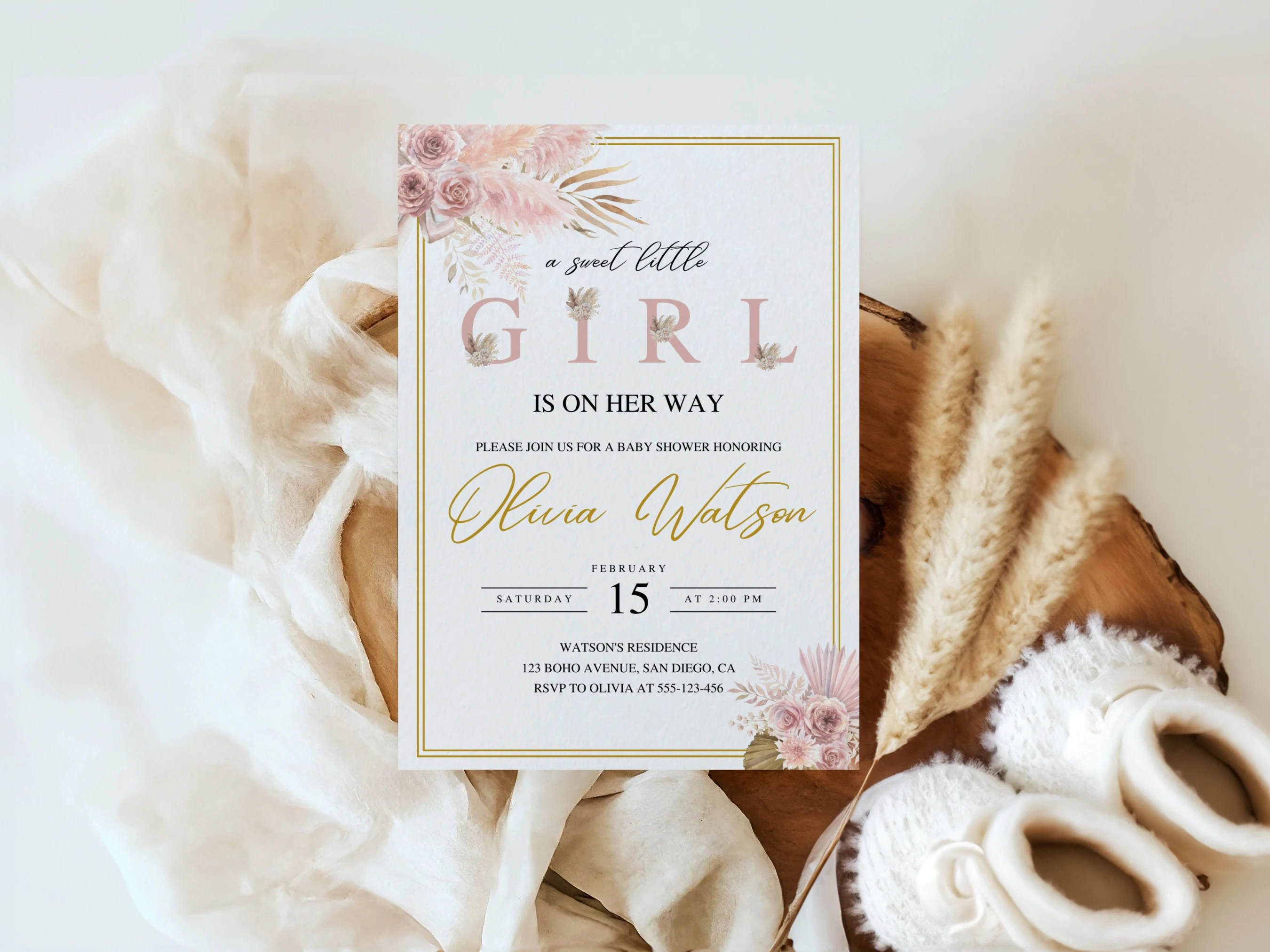 Boho Baby Shower Invitation Set | Pampas Grass Rose Gold Starter Pack For Baby Girl | Editable Canva Template | Digital Download