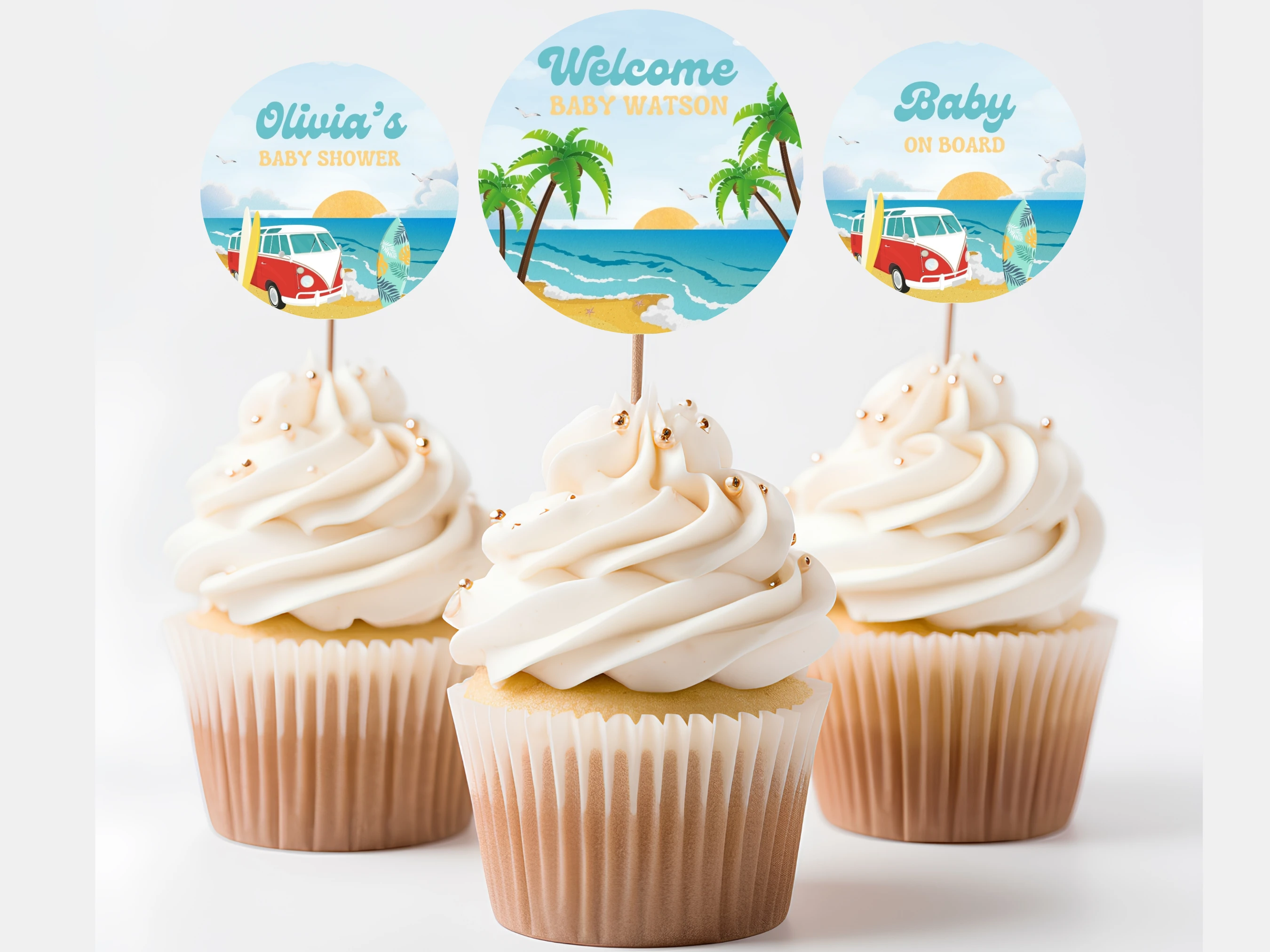 surf baby shower cupcake toppers baby on board ocean tropical decor canva template digital download, baby on board surf baby shower cupcake topper tropical ocean baby shower decorations canva template