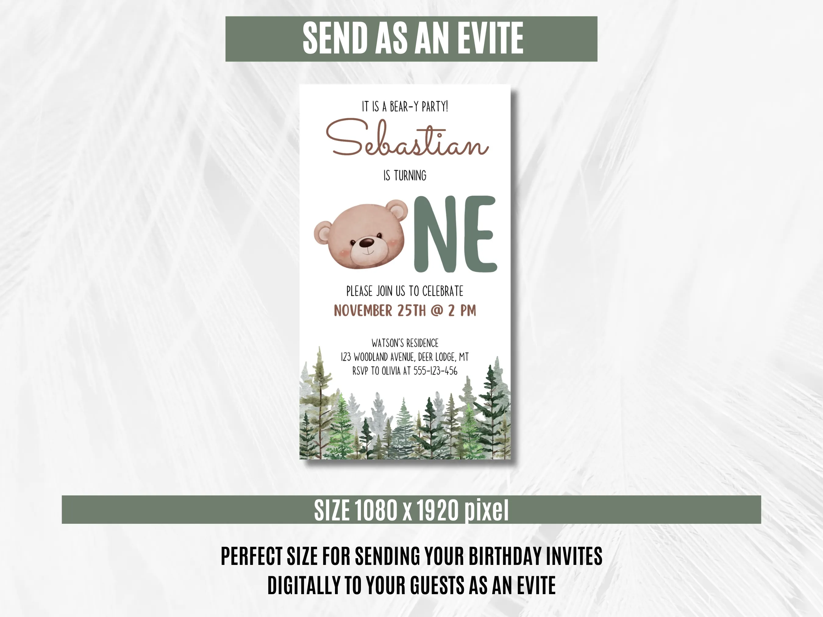 Woodland Brown Bear Birthday Evite | Teddy Bear Party Mobile Invitation | Editable Canva Template | Digital Download