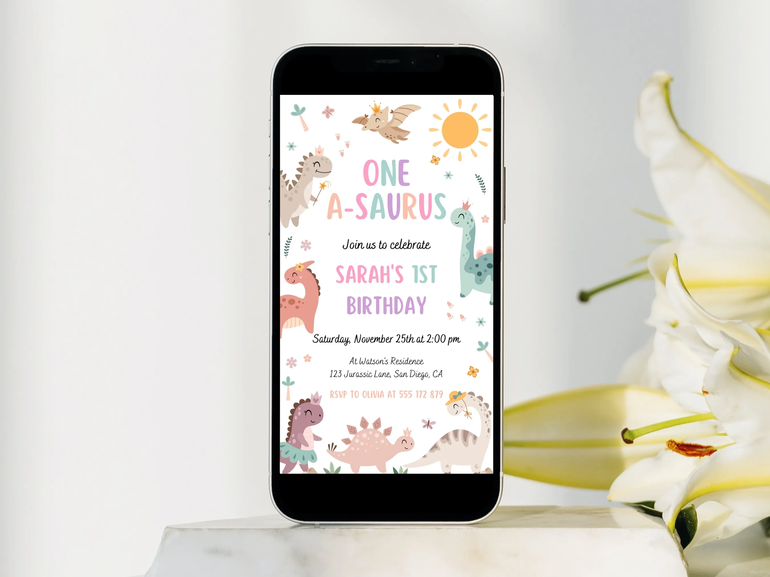 Pink girl dinosaur 1st birthday mobile invitation with cute dino party theme, editable Canva template, digital download.