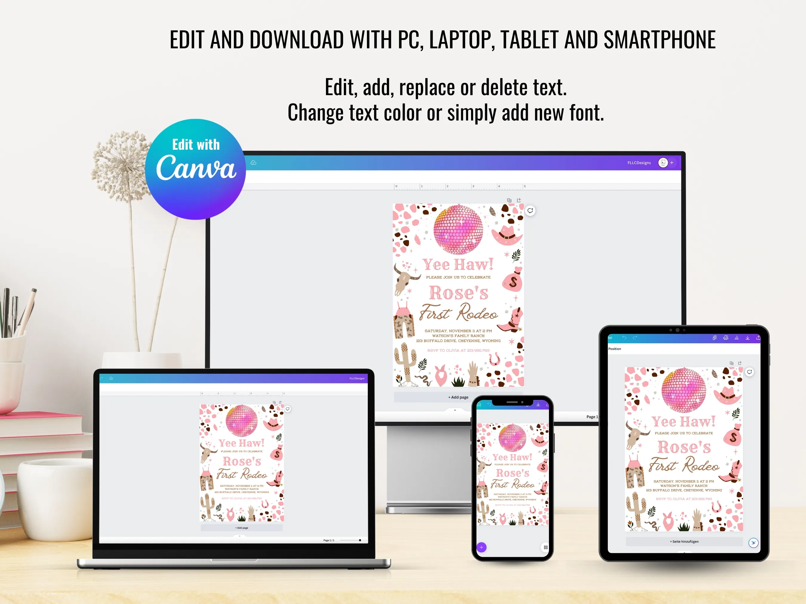 Space Cowgirl First Rodeo Birthday Mobile Invitation | Disco Western Evite | Editable Canva Template | Digital Download