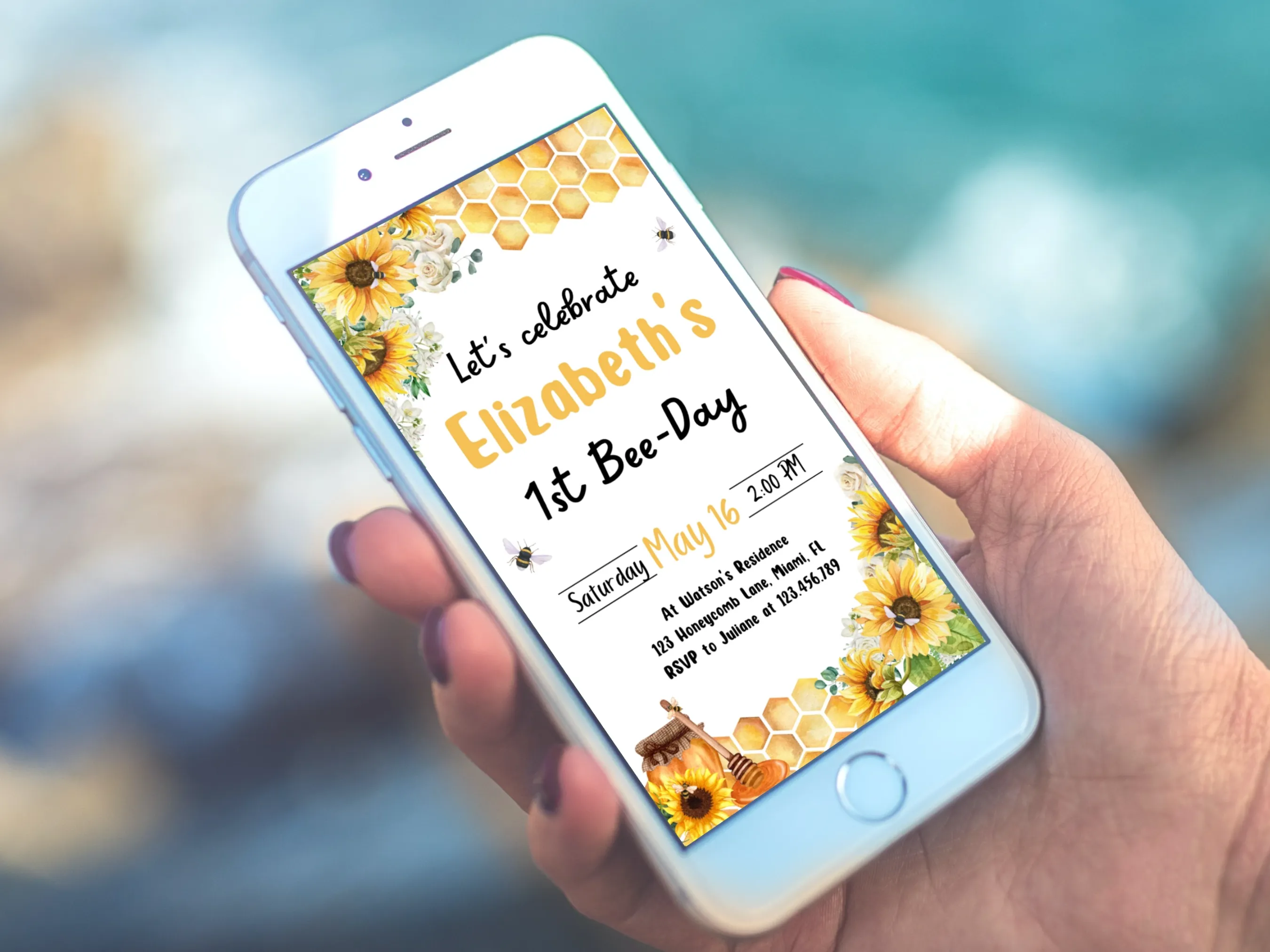 Sunflower Bee 1st Birthday Mobile Invitation | Bumble Bee Evite | Editable Canva Template | Digital Download