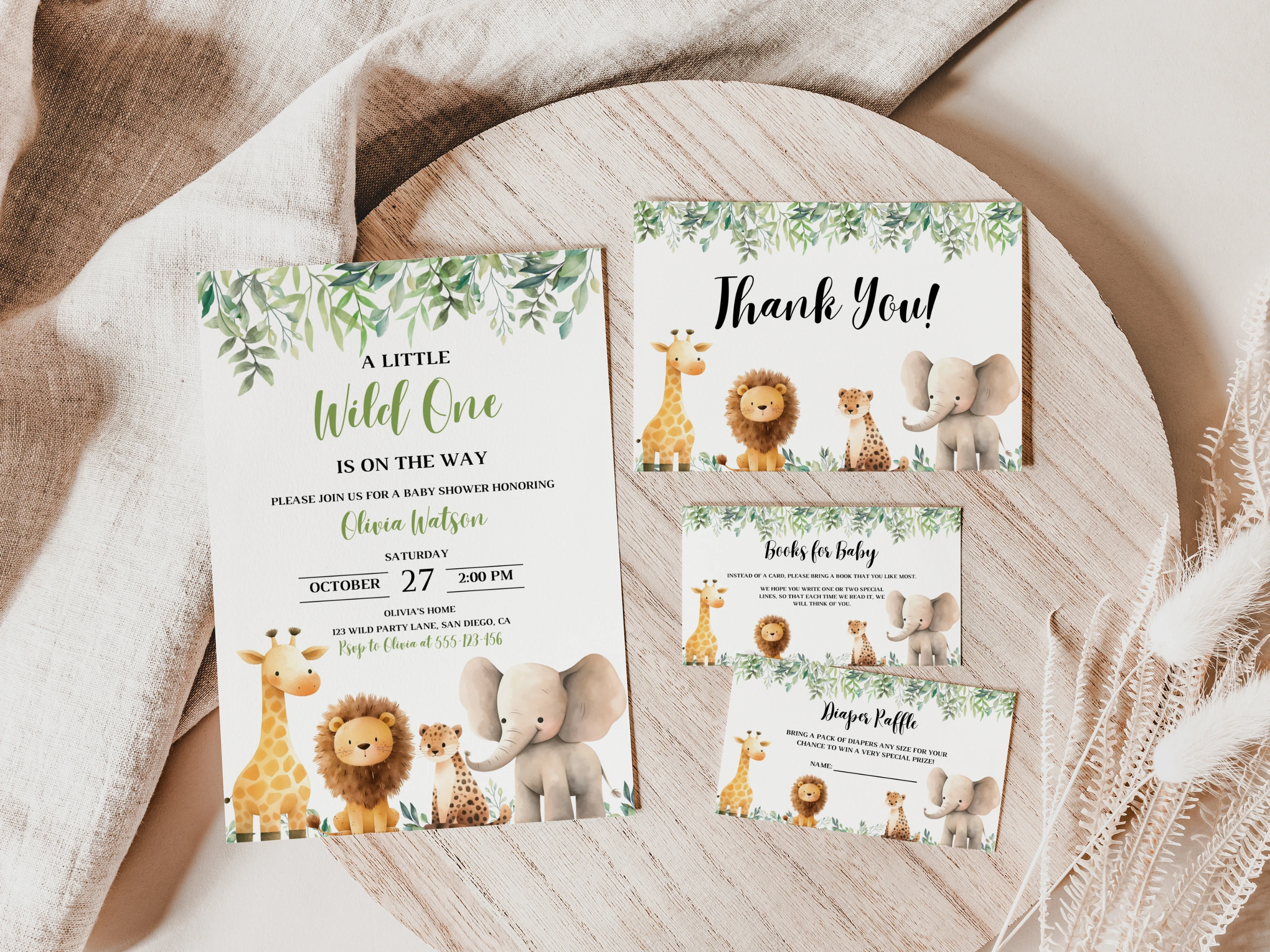 safari baby shower invitation set jungle animals wild one starter pack invite thank you cards diaper raffle books for baby canva template digital download, jungle animals baby shower invitation bundle