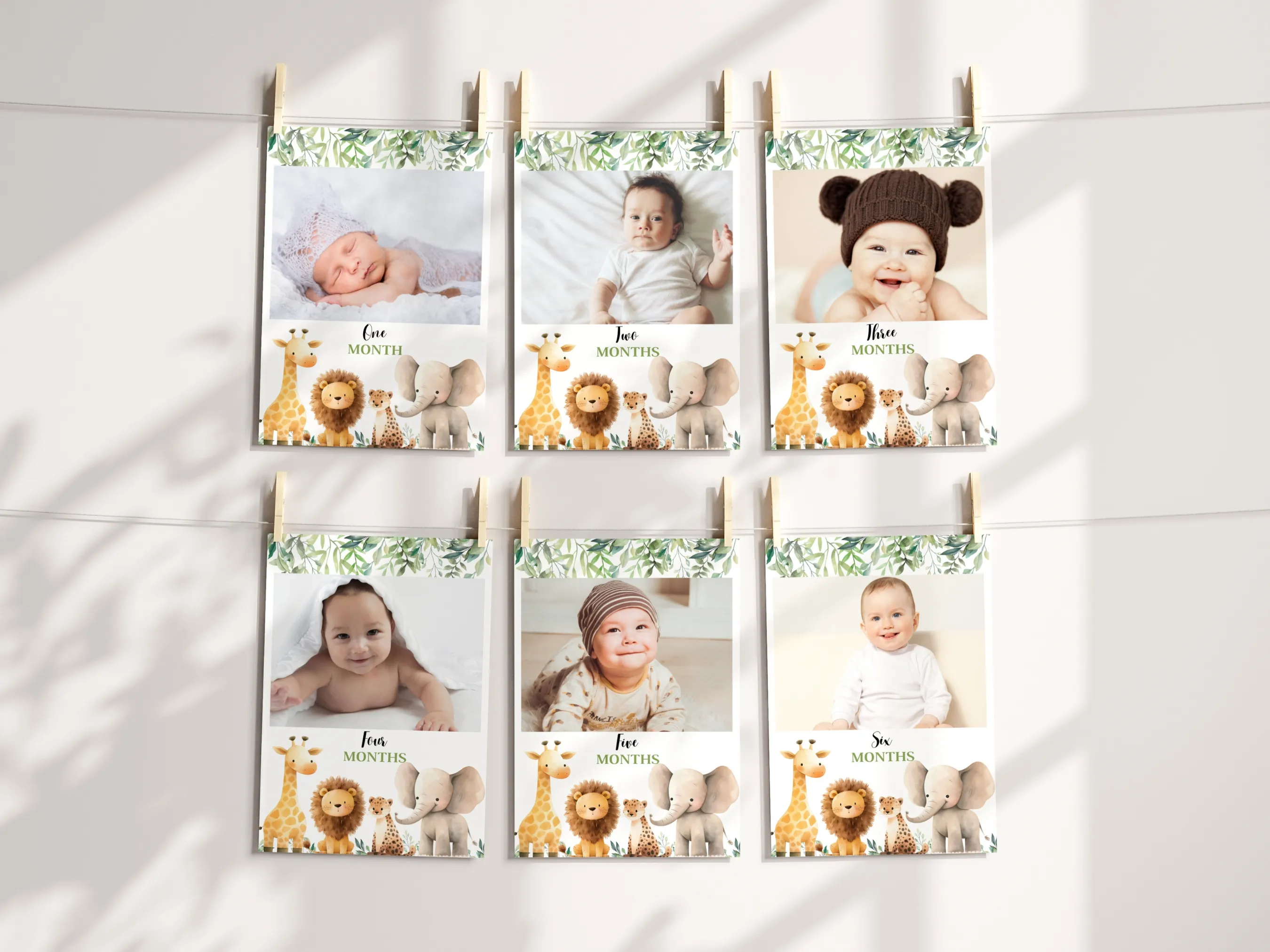 Wild One safari birthday milestone photo banner with jungle animals photo cards, editable Canva template for personalized wild jungle birthday decorations, digital download.