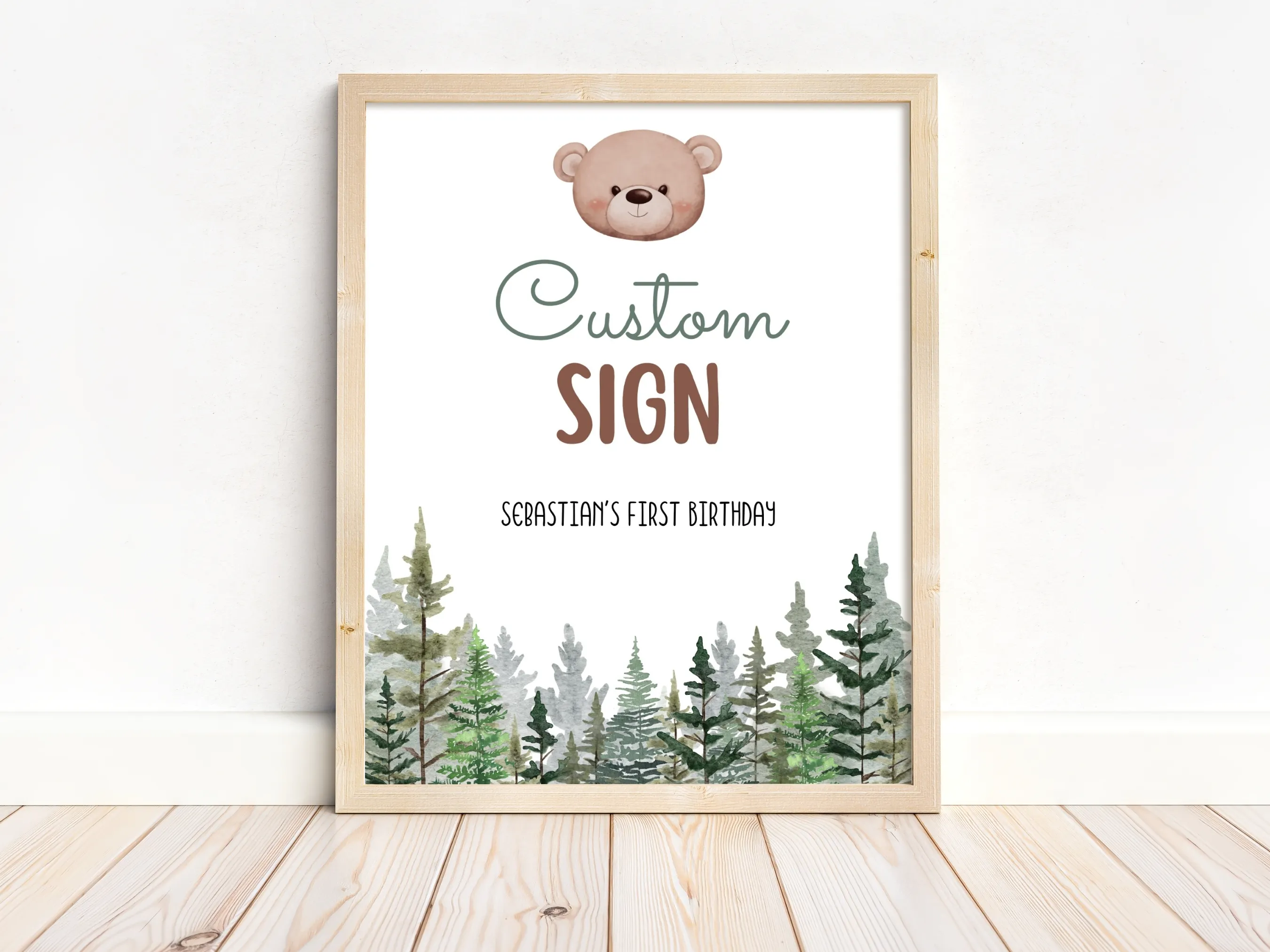 Brown bear party cards and gifts sign with woodland theme, customizable gift table and cookie table sign, editable Canva template by fllcdesigns