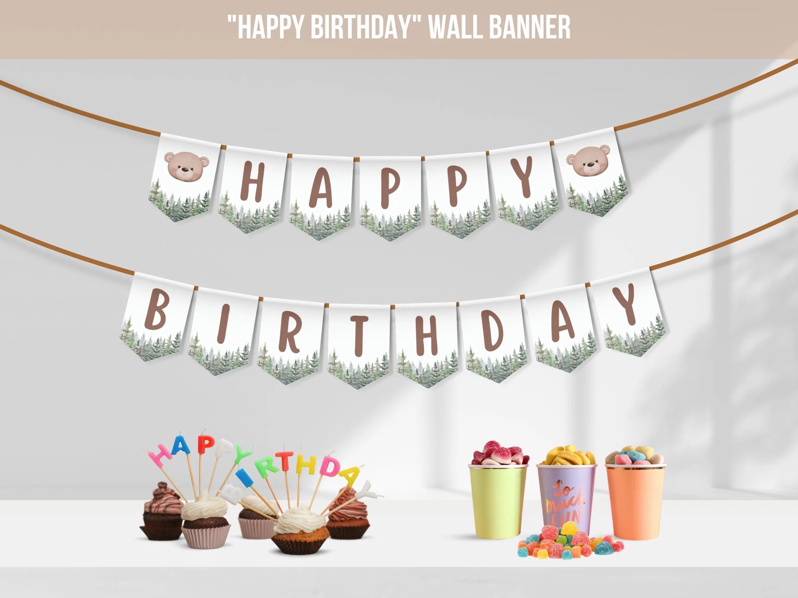 Woodland Happy Birthday banner with brown bear and forest theme, customizable birthday wall banner and bunting, editable Canva template by fllcdesigns