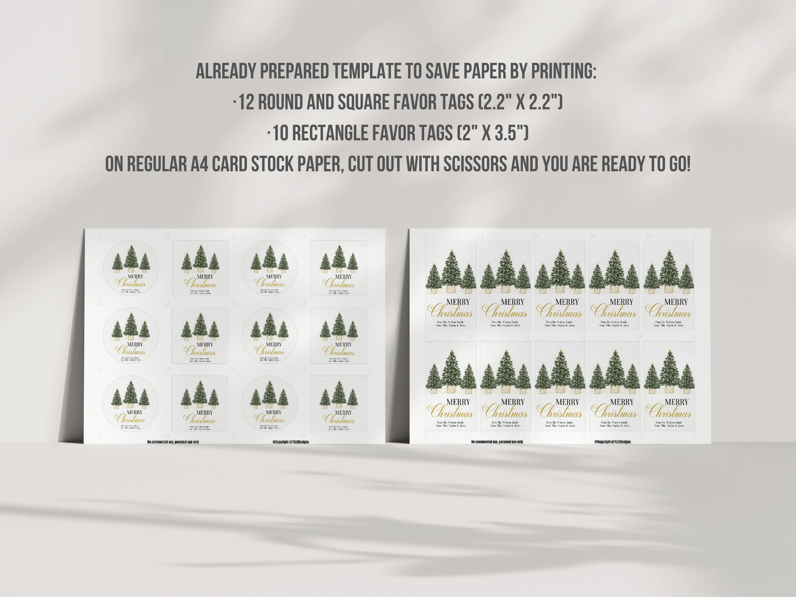 Green & Gold Christmas Gift Tags | Christmas Tree Favor Labels | Editable Canva Template | Digital Download
